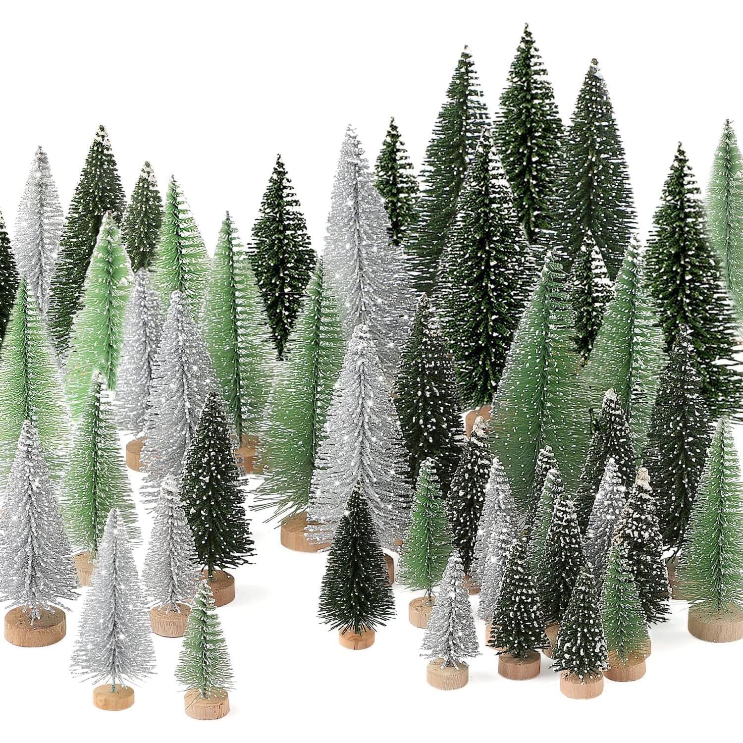 30PCS Artificial Mini Christmas Trees, Miniature Frosted Xmas Trees Bottle Brush Trees with Wooden Base for Decorations Table Craft