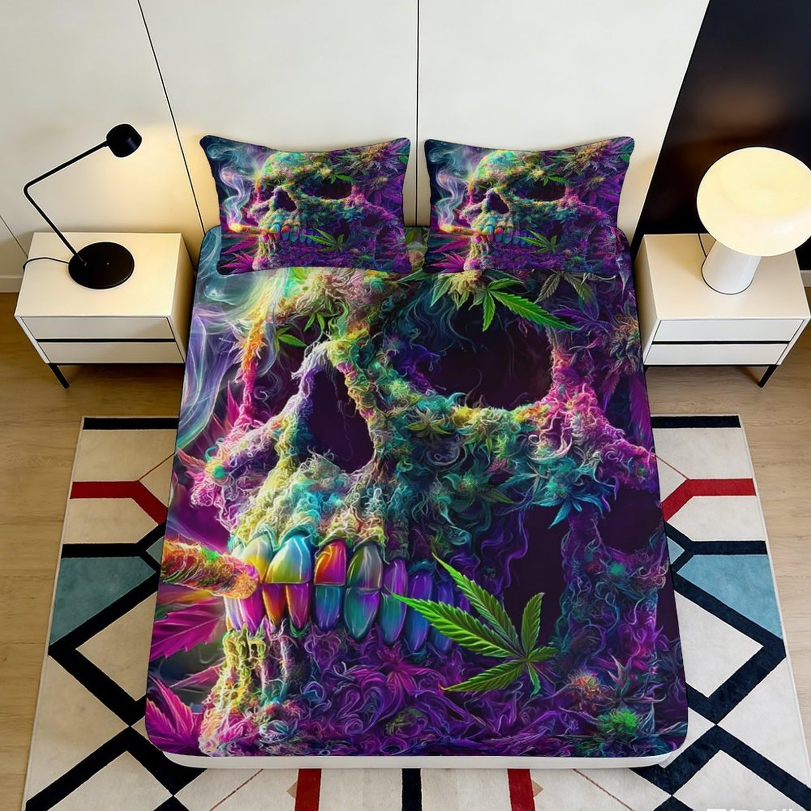 3D Printed Neon Skull Fitted Sheet Microfiber Soft Breathable Psychedelic Leaf Mattress Cover for Bedroom Dorm Decor 90x200x25cm