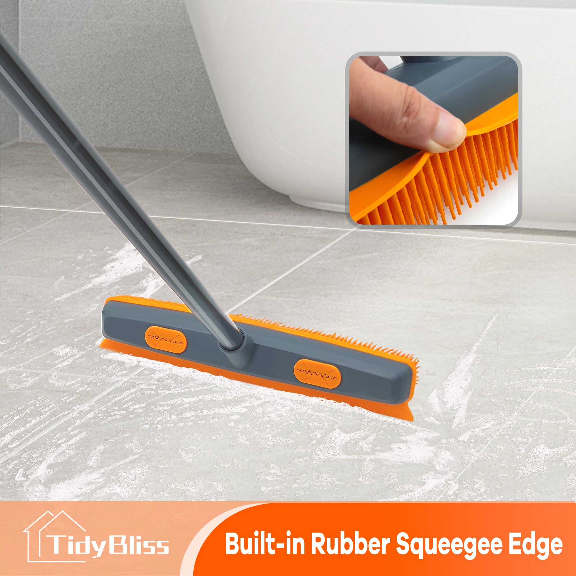 TidyBliss Scopa in Silicone per Pavimenti, Spazzolone Gomma con Tergicristallo, Manico Lungo 146 cm per Pulizia di Tappeti Finestre Piastrelle Pavimenti in Legno Duro (Arancione)