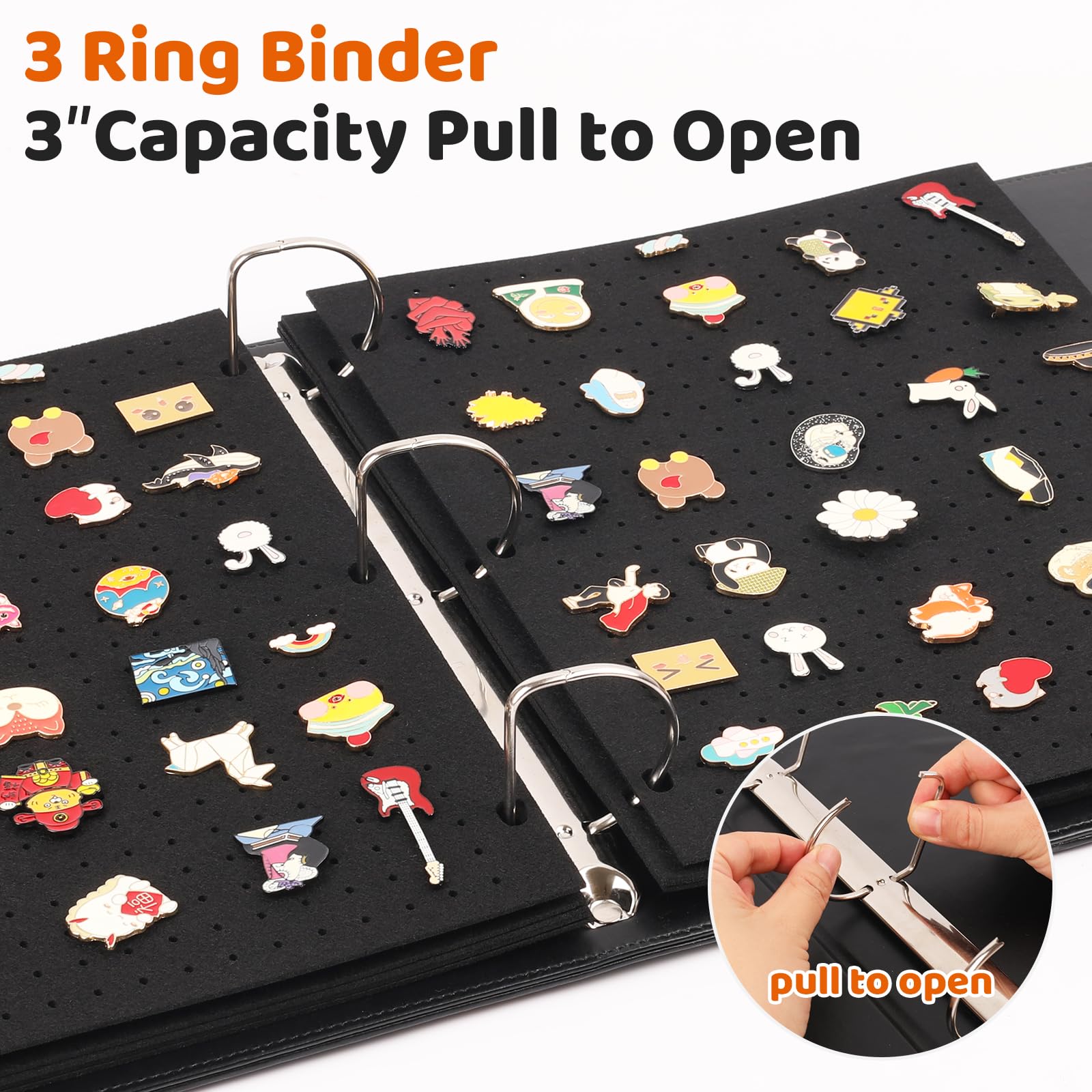 Raccoglitore smaltato con 10 pagine in feltro, porta spilli in pelle PU, organizer per grandi collezioni, raccoglitore a 3 anelli, nero (non include accessori)