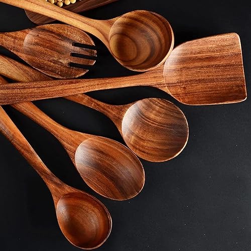 Miniatura 5 de 10 piezas de cucharas de madera para cocinar, juego de utensilios de cocina de madera de teca, espátulas para utensilios de cocina