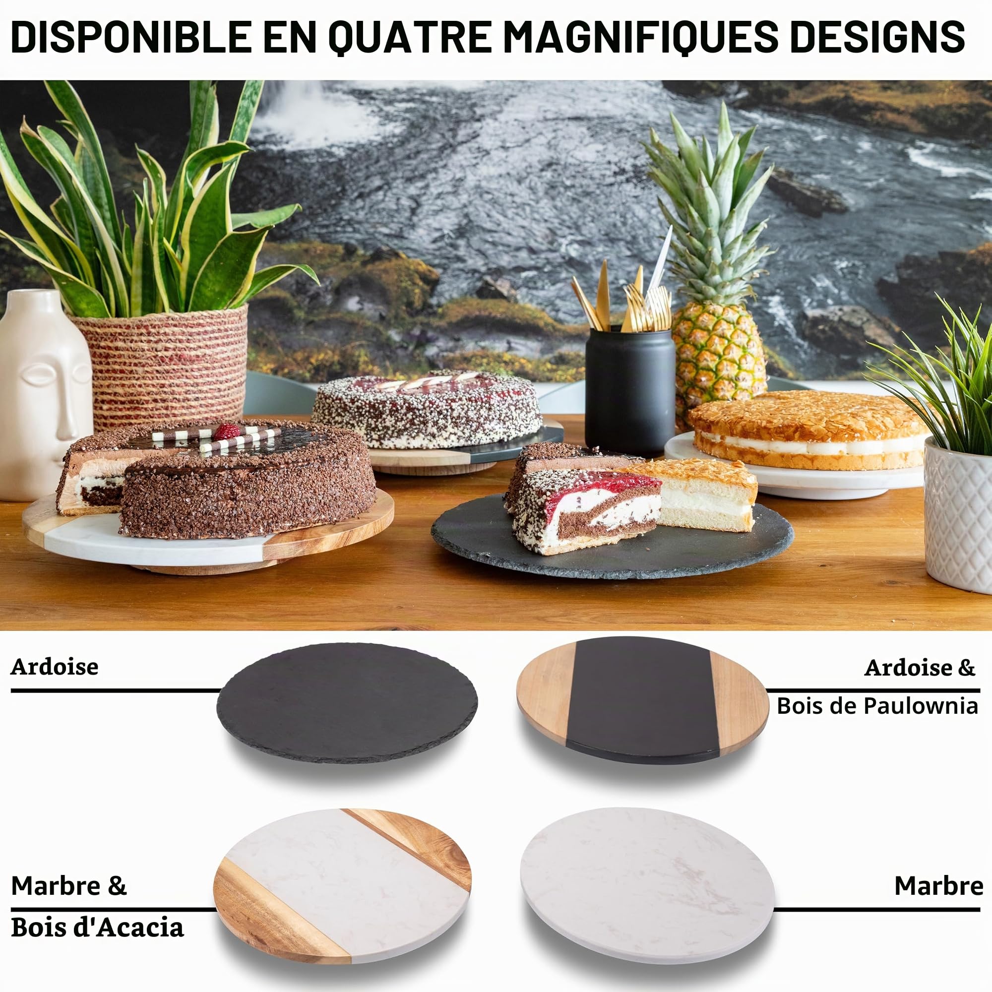 Plateau Rotatif en Marbre Rond - à Gâteau, Saucisse, Fromage - de Service Avec Pied - Blanc - Tournant - Présentoir