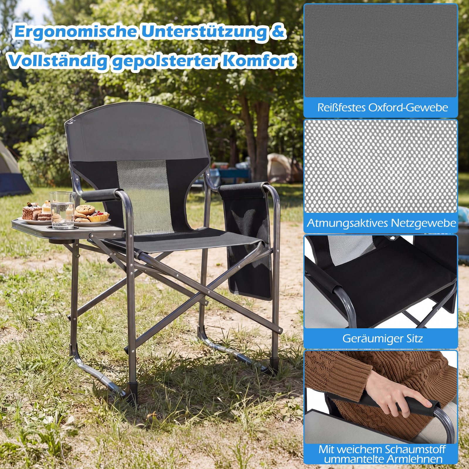 COSTWAY Regiestuhl klappbar, Campingstuhl mit Seitentisch, Seitentasche & Getränkehalter, Angelstuhl bis 180 kg belastbar, tragbarer Klappstuhl für Camping, Picknick & Festival (Schwarz + Grau)