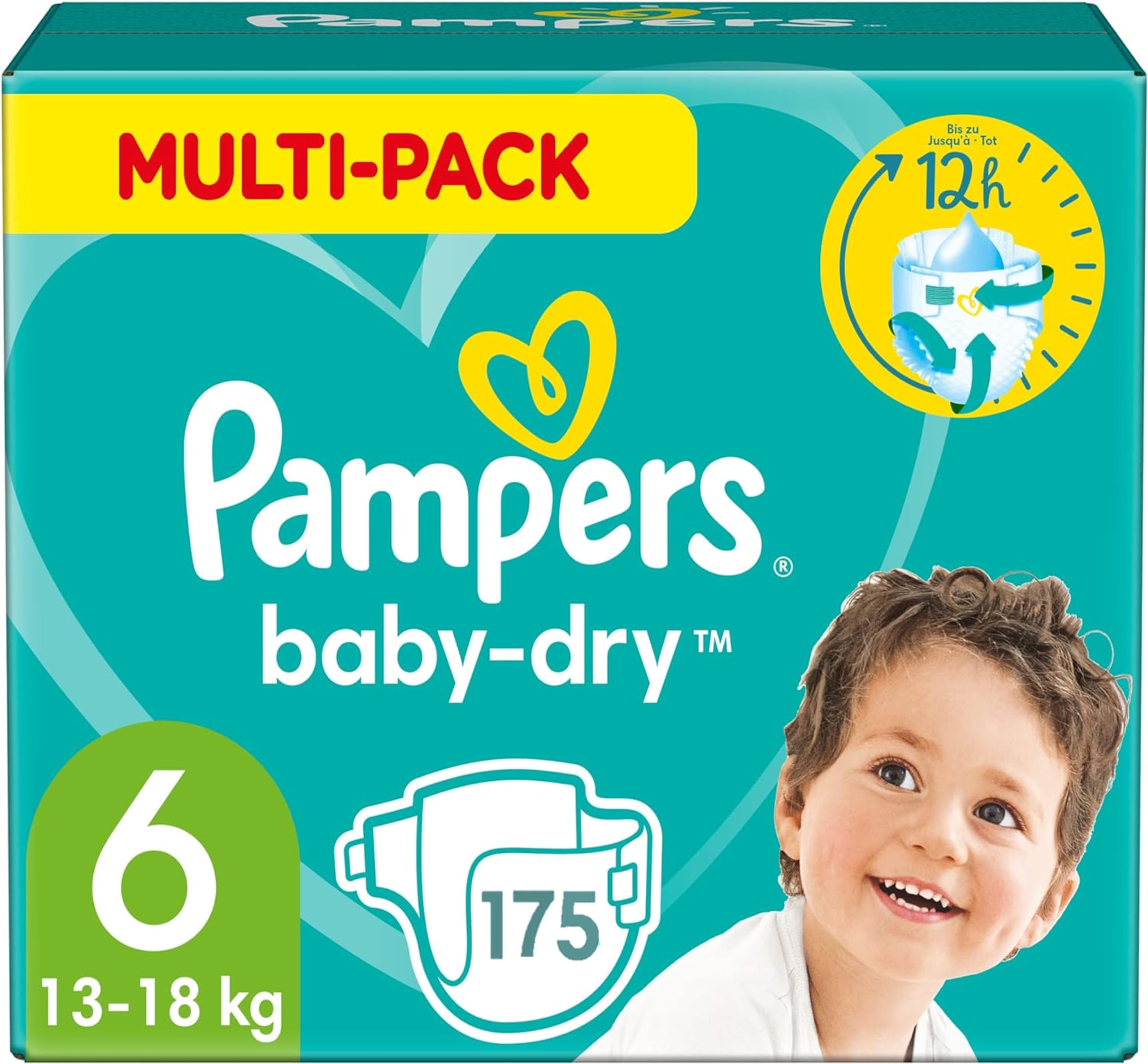 Pampers Pañales Tamaño 6 (13-18 kg), Baby-Dry, 175 Pañales Bebé, Giga Pack de 1 mes, hasta 12 horas bien seco y con Doble Barrera Antifugas