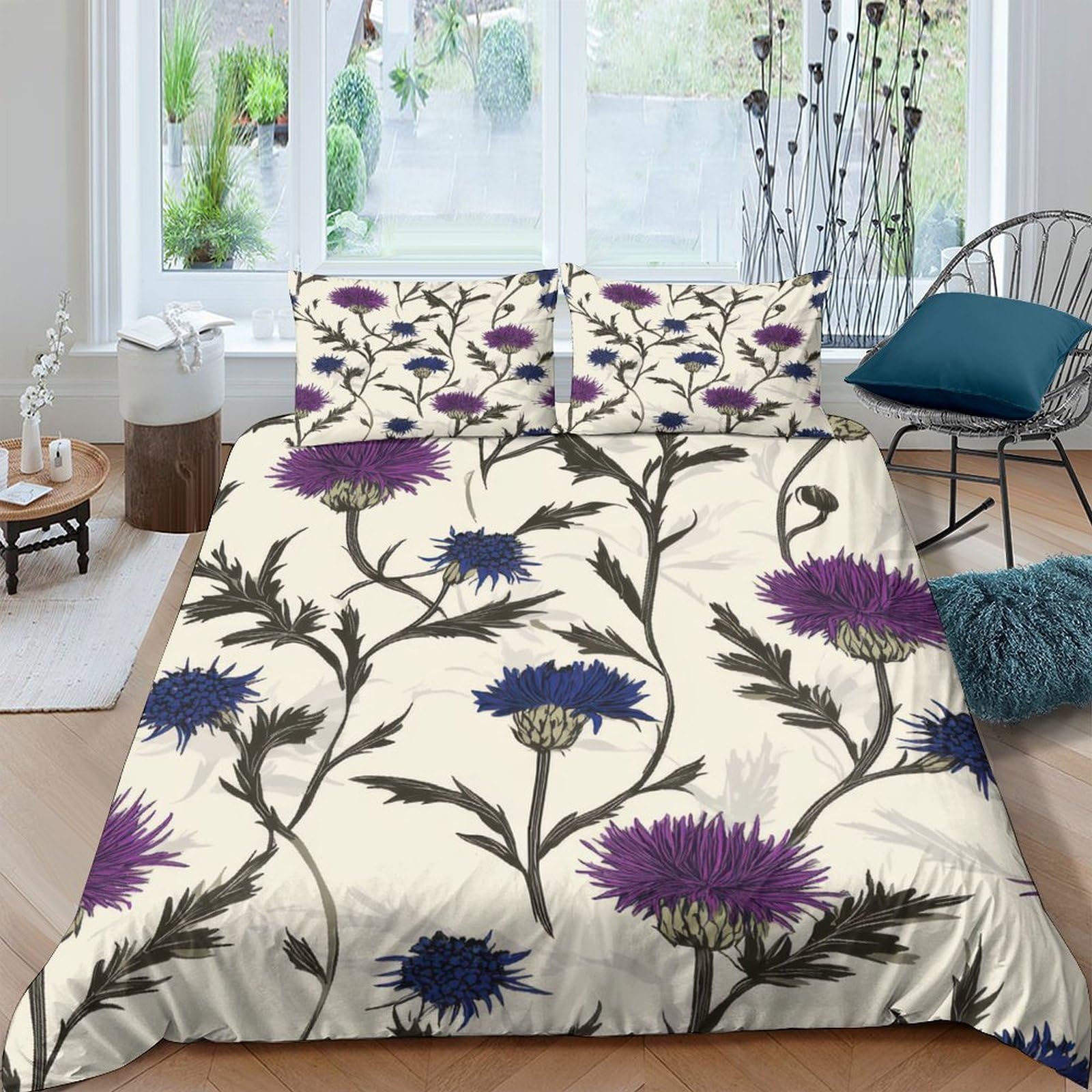 Ctjqhvkz Style-3 3D Printed Thistle Floral Fitted Sheet Microfiber Soft Breathable Purple Botanical Bed Cover For Bedroom Guest Room Decor Single（135X200cm）