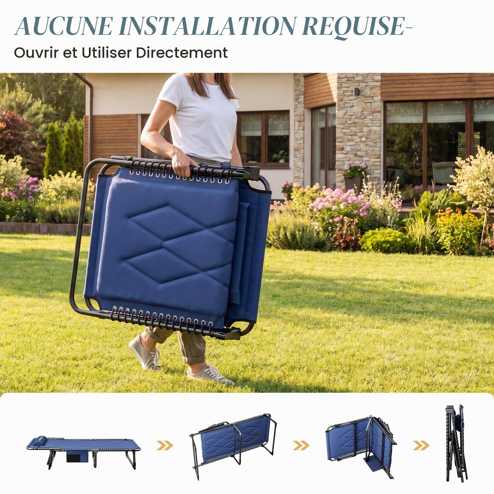 UDPATIO Transat Jardin Extérieur avec Coussin - Bain de Soleil avec Poches Latérales et Appui-tête Adjustable - Chaise Longue Réglable et Pliable (200x69x34 cm) - Bleu