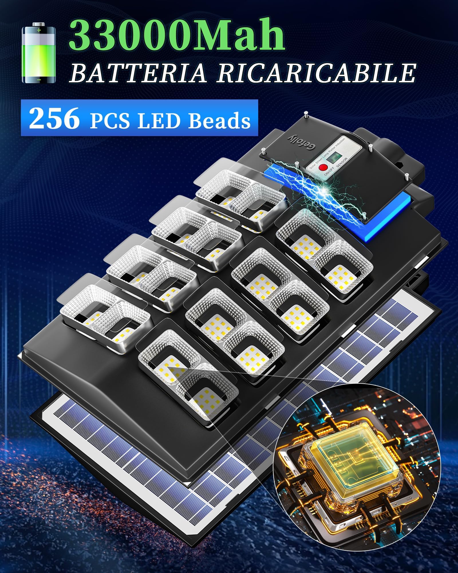 Gefolly Lampione Solare LED Esterno, Faro LED Esterno con Pannello Solare con Sensore di Movimento, 6500K IP67 Impermeabile Faretto solare Esterno per Giardino Cortile Garage Strada
