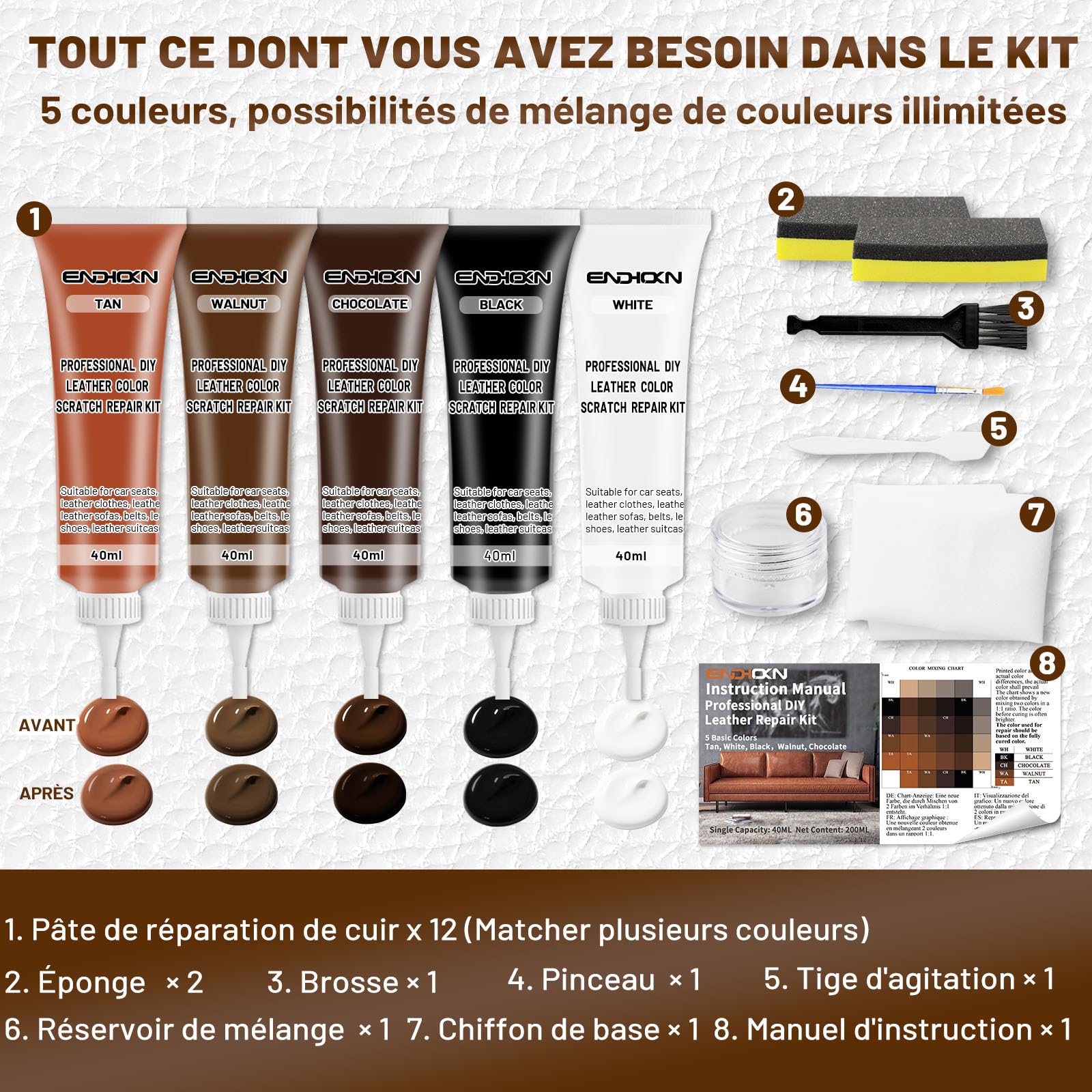 Endhokn Kit de Réparation Cuir, 5 Couleurs Reparation Siege Cuir, Sièges de Voiture Canapés, Réparer Les Égratignures, Coupures, Déchirures, Trous, Fissures Couleur Assortie et Facile à Utiliser