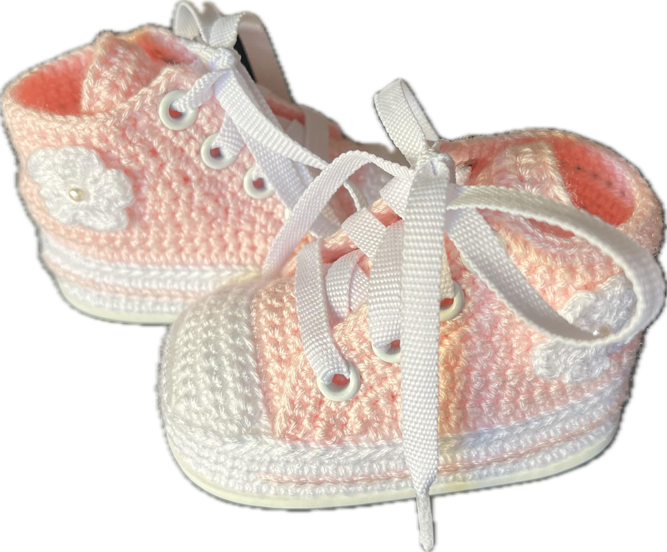 Gehäkelte Neugeborenen-Babyschuhe, personalisiert und handgefertigt, High-Top-Sneaker mit dekorativer Blume – Turnschuhe - Sneaker gehäkelt gestrickt Schuhgröße 15/20
