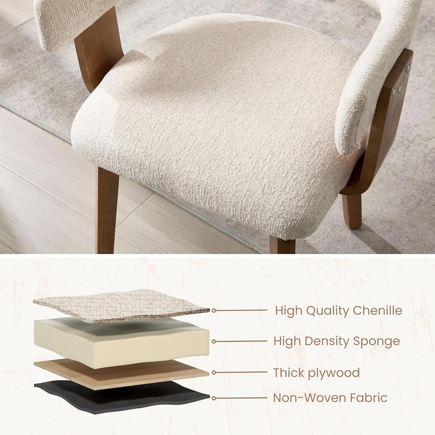 ROCITY Modern Dining Chairs Set of 2 Beige Upholstered Dining Room Chairs, Farmhouse Kitchen Chairs with Curved Backrest and Wooden Legs for Dining,Living Room