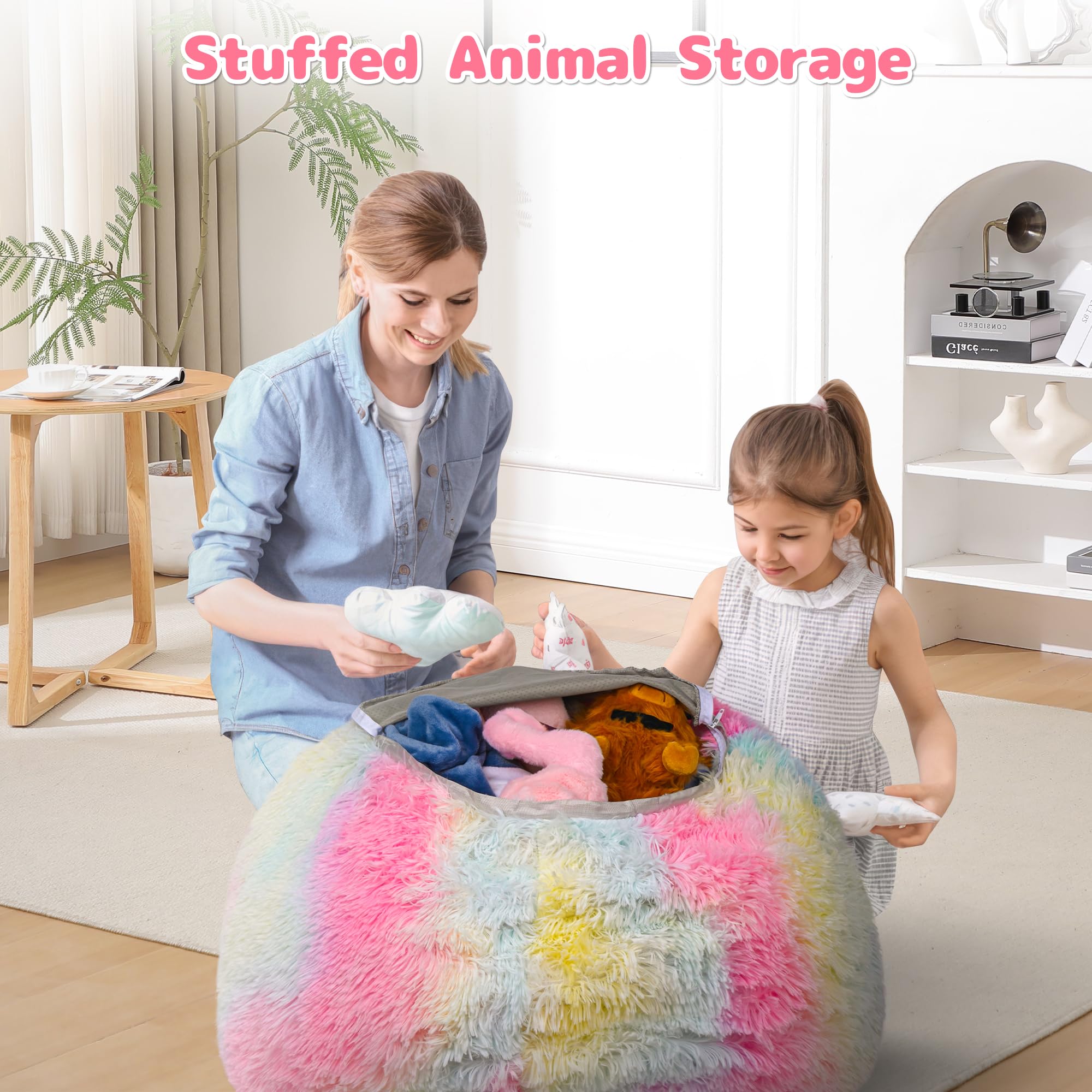 Funda para puf de piel sintética esponjosa para niños y adultos (sin relleno) - Almacenamiento antideslizante para animales de peluche para salón y dormitorio (arco iris)
