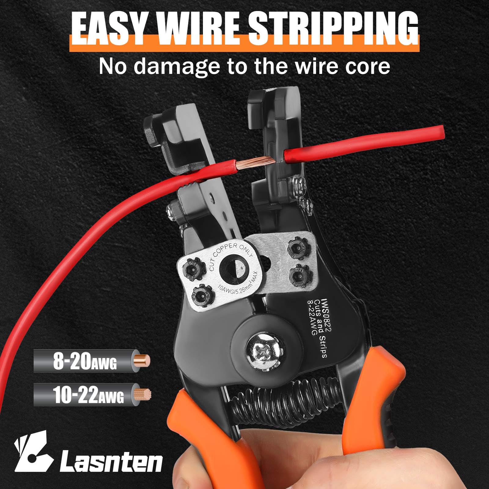 Lasnten Pelacables de alta resistencia para electricista, autoajustable, herramientas pelacables compatibles con 8-20 AWG sólido y trenzado de 10-22 AWG