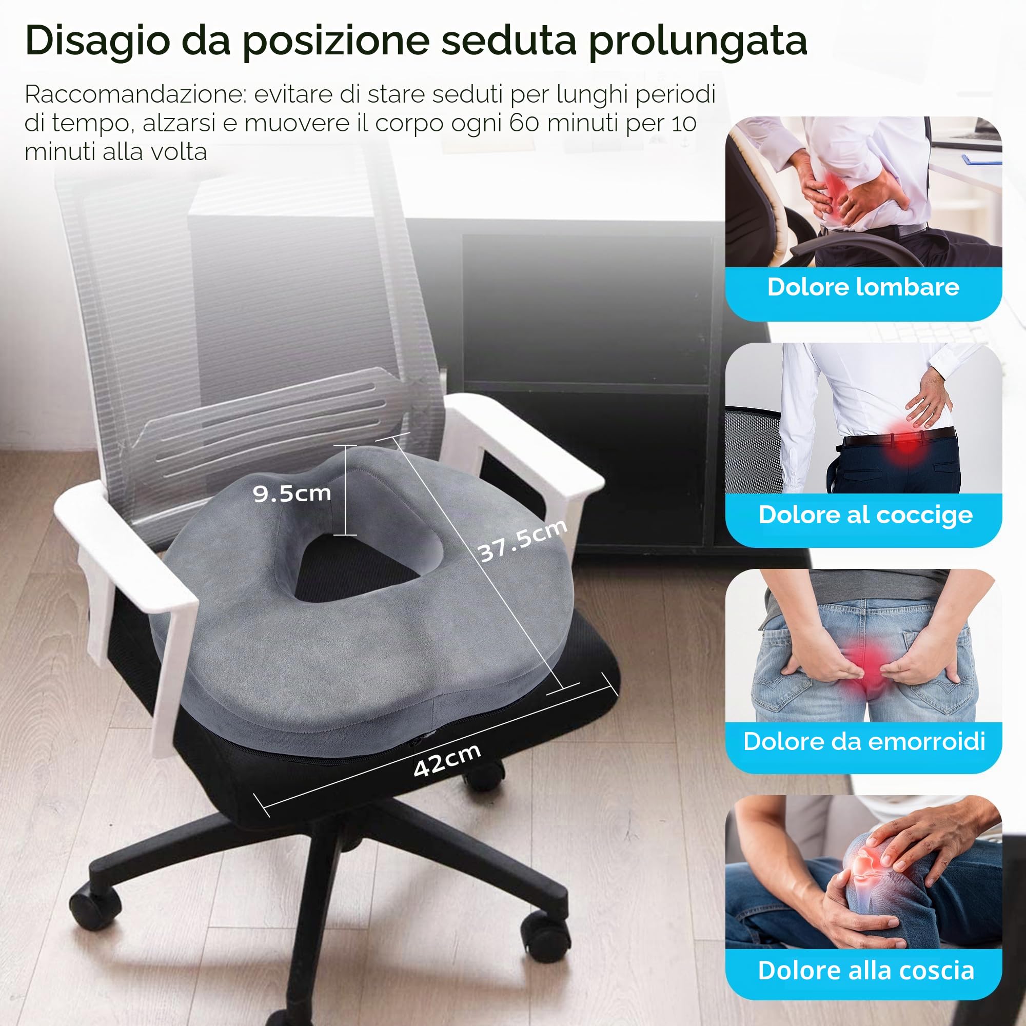 Ciambella per Sedersi Ergonomica – Cuscino Sedia in Memory Foam, Ciambella Antidecubito per Casa, Ufficio e Auto, Cuscino Sedia Confortevole