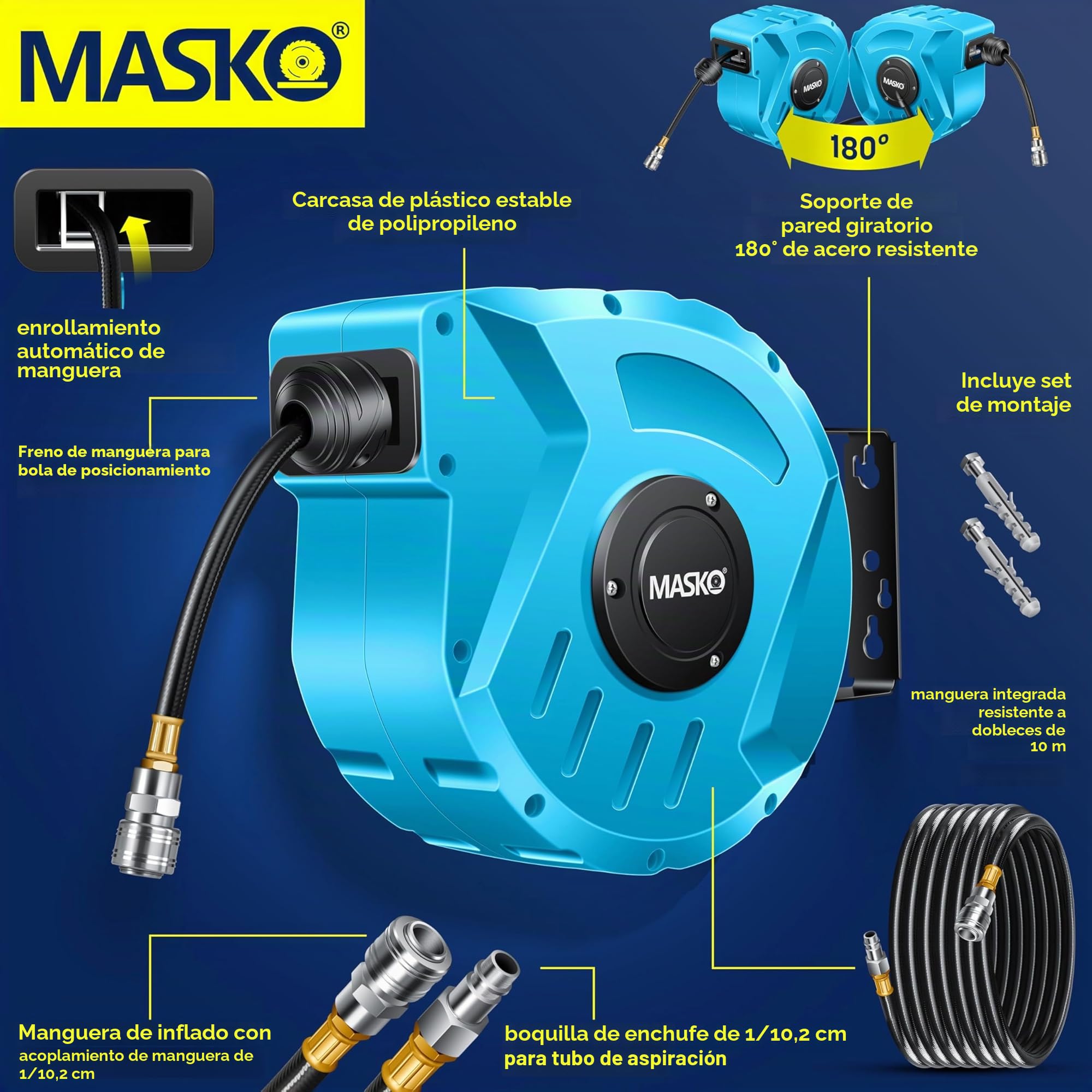 MASKO® Enrollador de manguera de aire comprimido automática, Conexión 1/4, Enrollador de mangueras, Soporte de mangueras montado en la pared, Enrollador de mangueras de aire comprimido, azul, 10m