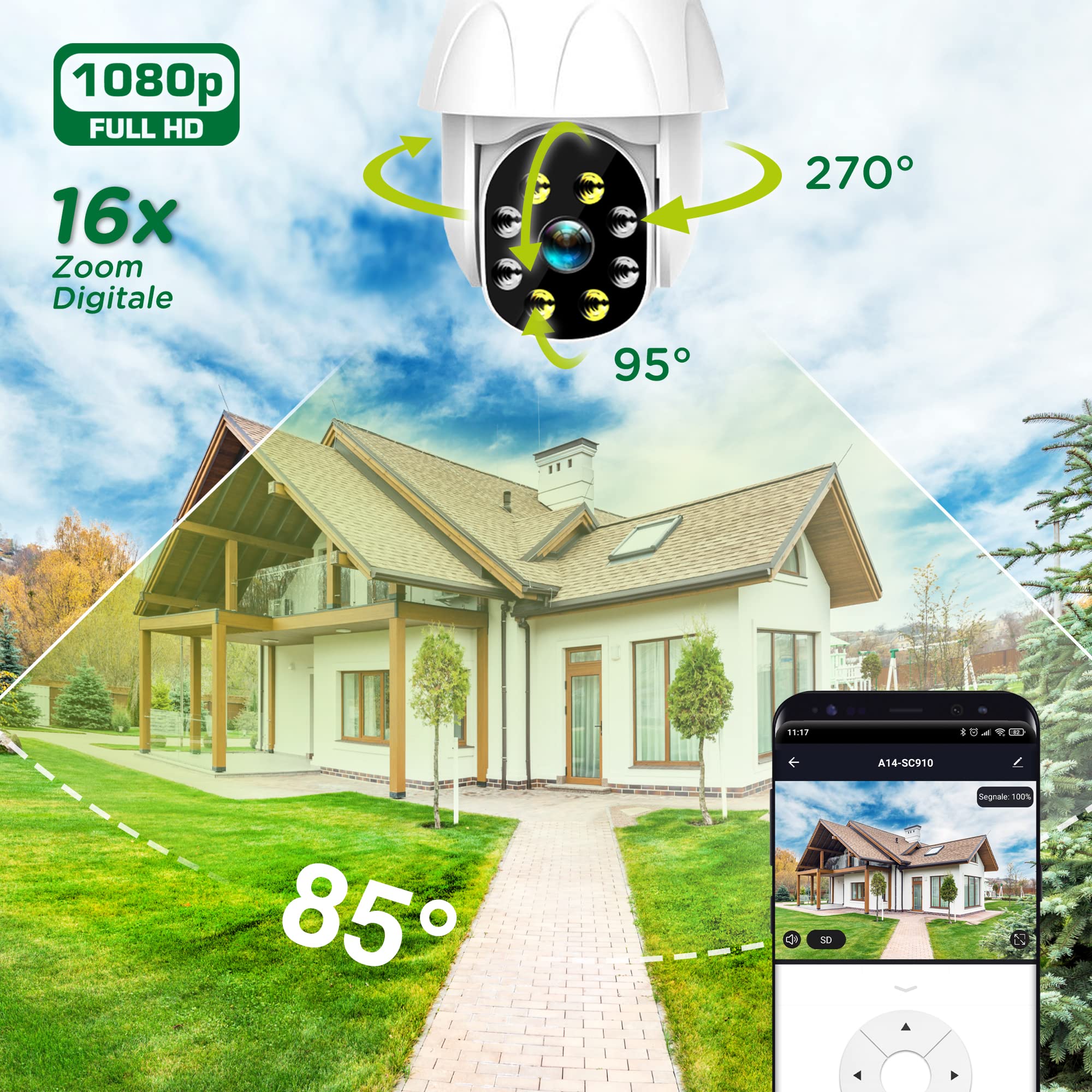 ATLANTIS Telecamera Ip di sorveglianza WiFi da esterno, motorizzata pan e tilt, A14-SC930-PT, 2M pixel 1920x1080p, IP64, visione notturna a colori o B/N 15m, slot SD, Onvif, Wireless, APP Tuya