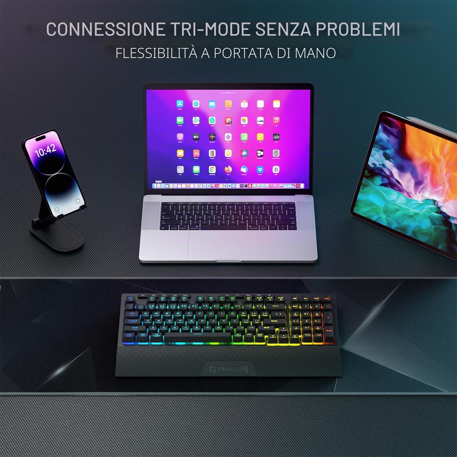 Redragon K515 PRO Shiva RGB Tastiera da gioco a membrana wireless, tastiera meccanica a 98 tasti con interruttore lineare, tasti macro e multimediali integrati, poggiapolsi rimovibile US LAYOUT