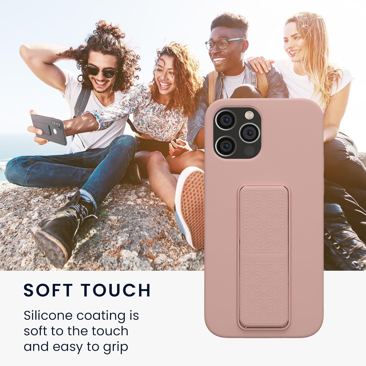 kwmobile Case Compatible with Apple iPhone 12 / iPhone 12 Pro - Case with Hand Strap and Stand Soft TPU Silicone Coating - Dusty Pink - Image 5