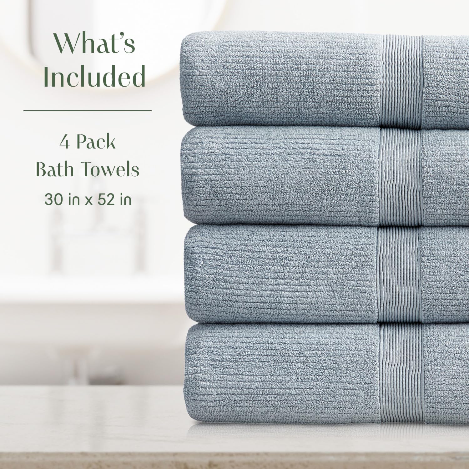 Springtree Home Blue Bath Towels Set of 4 | Ribbed Textured | 100% Combed Cotton | Absorbent Quick-Dry Towels for Bathroom | Oeko-TEX® Standard 100 Cotton | Mauro Collection - Blue Fog - Image 2