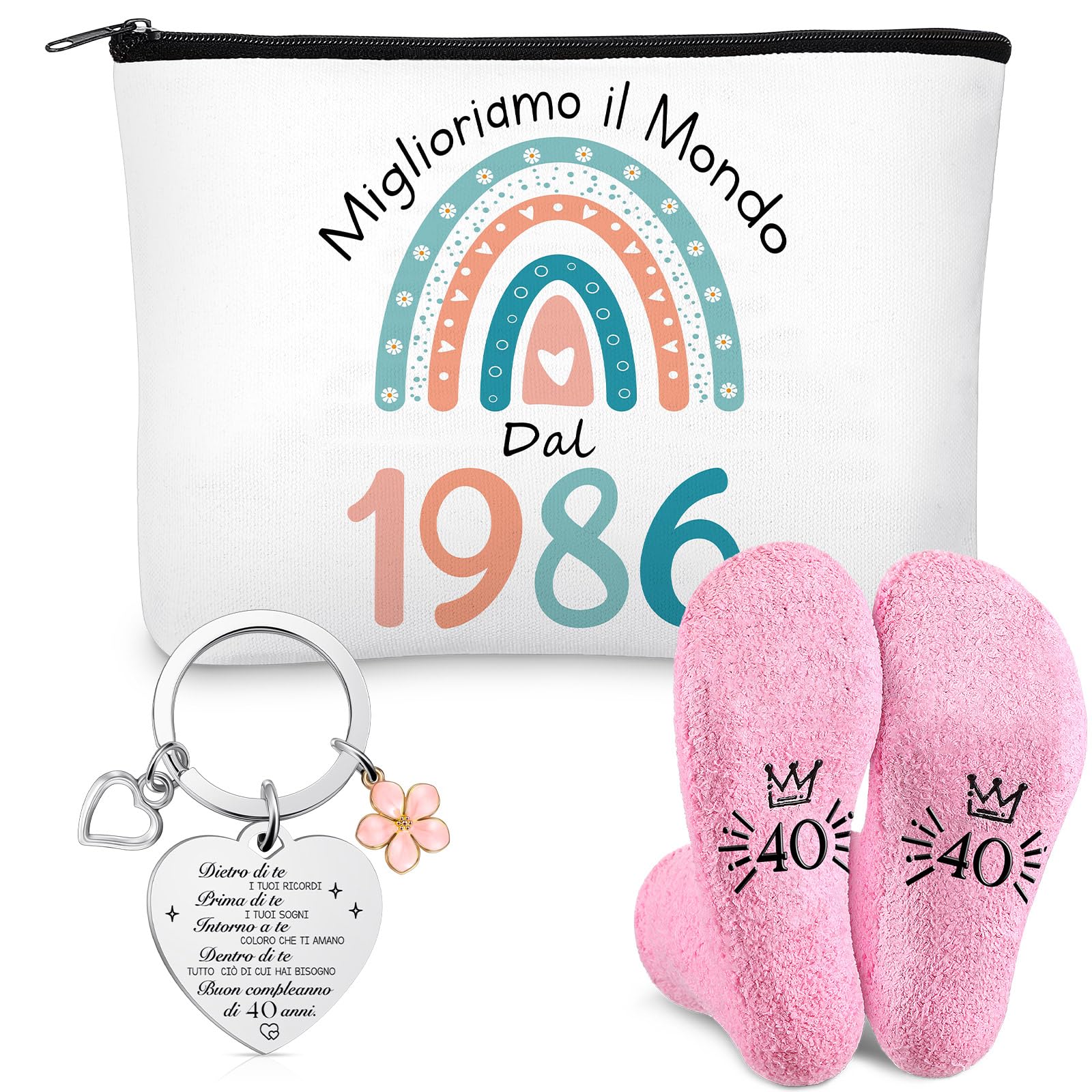 Jadive Regalo 40 Anni Donna Compreso Borsa Cosmetica per Donna Calzini e Portachiavi Ideale Come Regalo Di Compleanno Per Moglie, Sorella O Amica, Celebrare 40 Anni Di Compleanno Donna(1986)