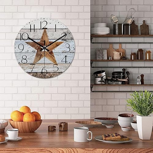 Miniatura 4 de Reloj de pared redondo de 12 pulgadas con estrella del oeste de Texas reloj de pared decorativo reloj de madera rústica sin tictac funciona con