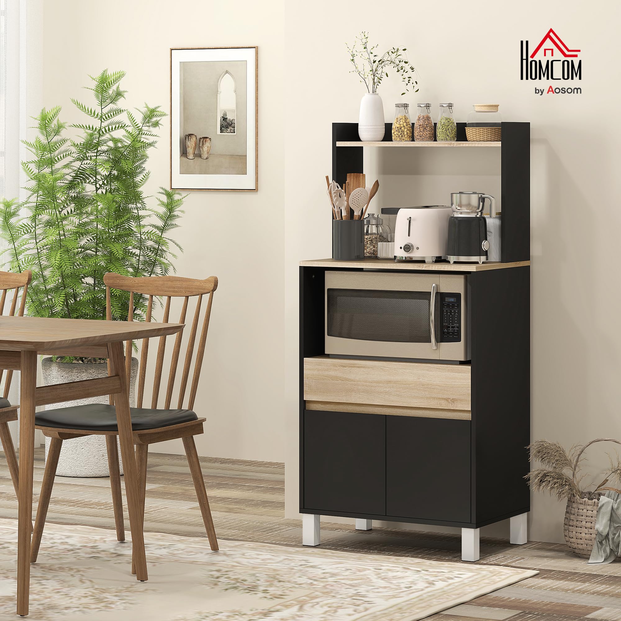 HOMCOM Meuble Micro Onde Buffet Cuisine 60 x 40 x 131 cm Chêne Noir | avec Placard, Tiroir, Étagère Supérieur, Meuble Micro Ondes Cuisine Rangement, pour Salle à Manger, Salon