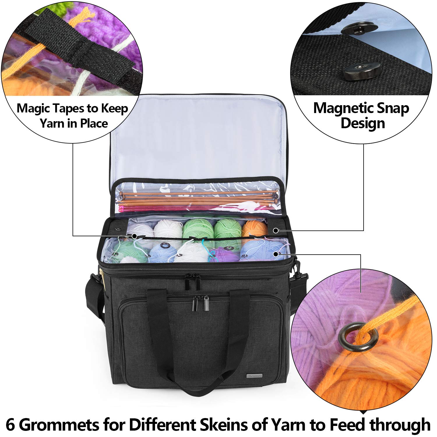 Teamoy Sac de Rangement pour Laine, Organiseur de Tricot Portable avec Bandoulière Amovible, Sac de Voyage pour Aiguilles, Crochets et Accessoires de Couture, Noir
