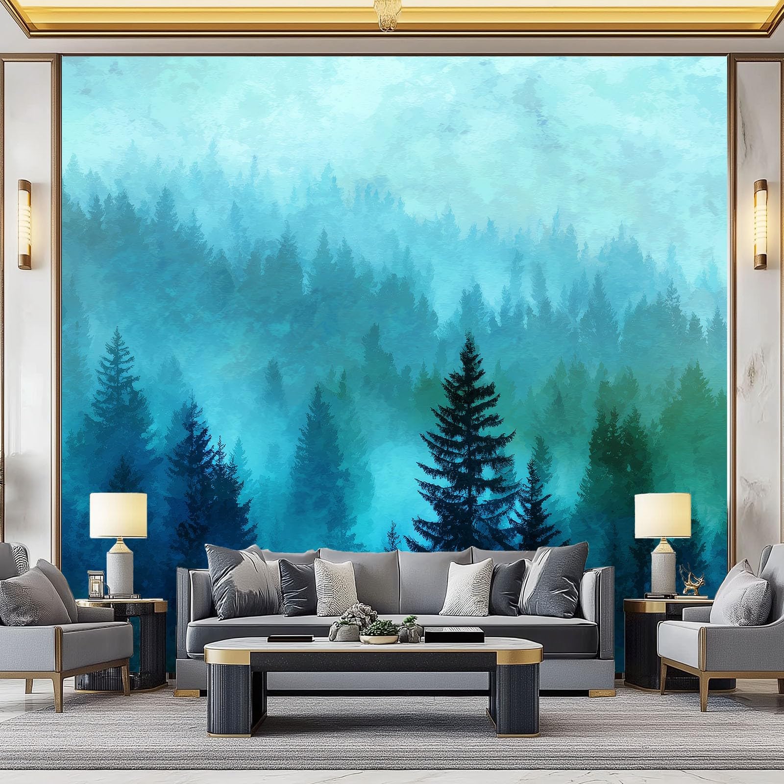 Generisch Tapeta panoramiczna, spokojna, abstrakcyjny las, petrol, tapeta z włókniny, tapeta ścienna do biura, korytarza, sypialni, salonu, dekoracja ścienna – 350 x 256 cm (szer. x wys.)