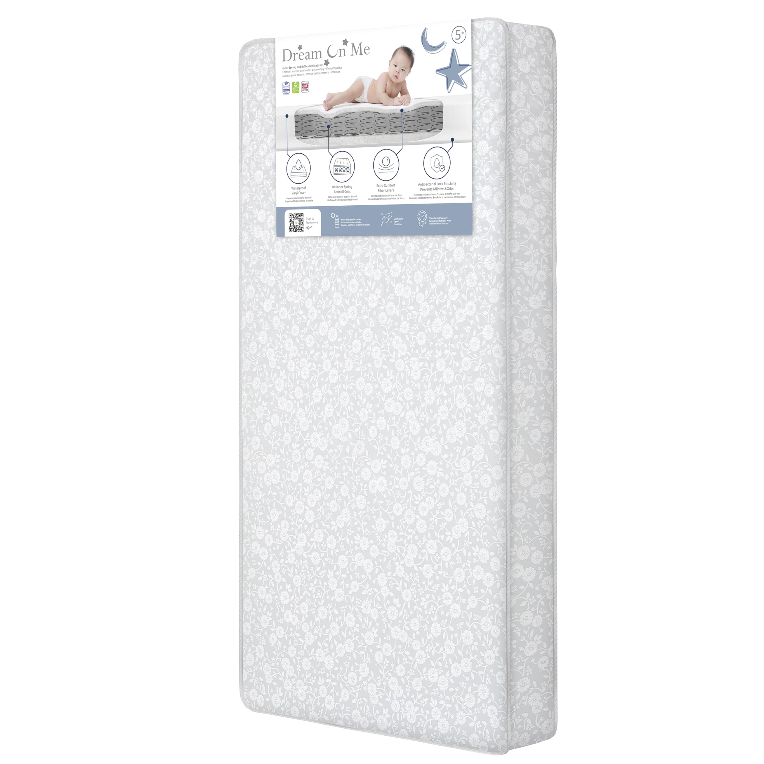 Dream On Me Nap Nest Crib and Toddler Mattress, Dual-Sided - Infants & Toddlers, Waterproof 5” Mattress with 88 Interwoven Coils, 75% Recycled Fiber,