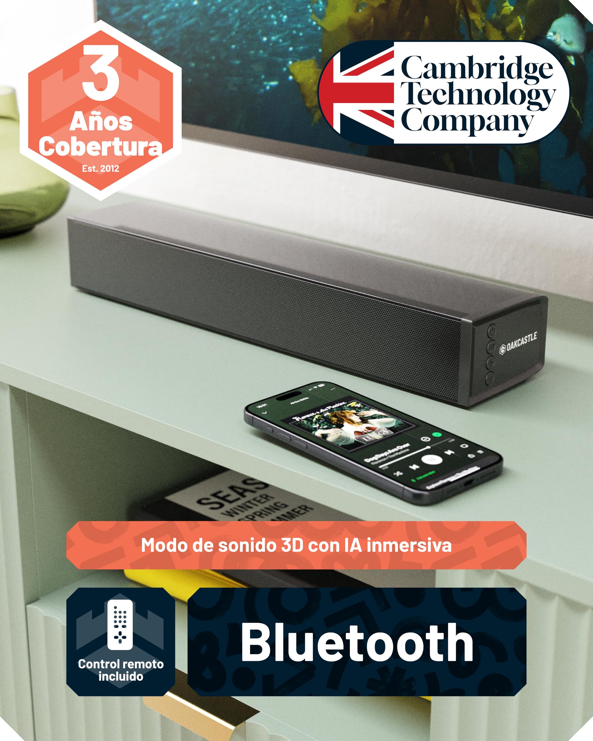 Oakcastle SB40 Barra De Sonido TV | Soundbar Bluetooth | 60W 2.0 Estéreo Altavoces TV | Sound Bar HDMI | 40cm Compacto Barra Sonido PC | Kit de Montaje en Pared y Mando a Distancia Incluidos