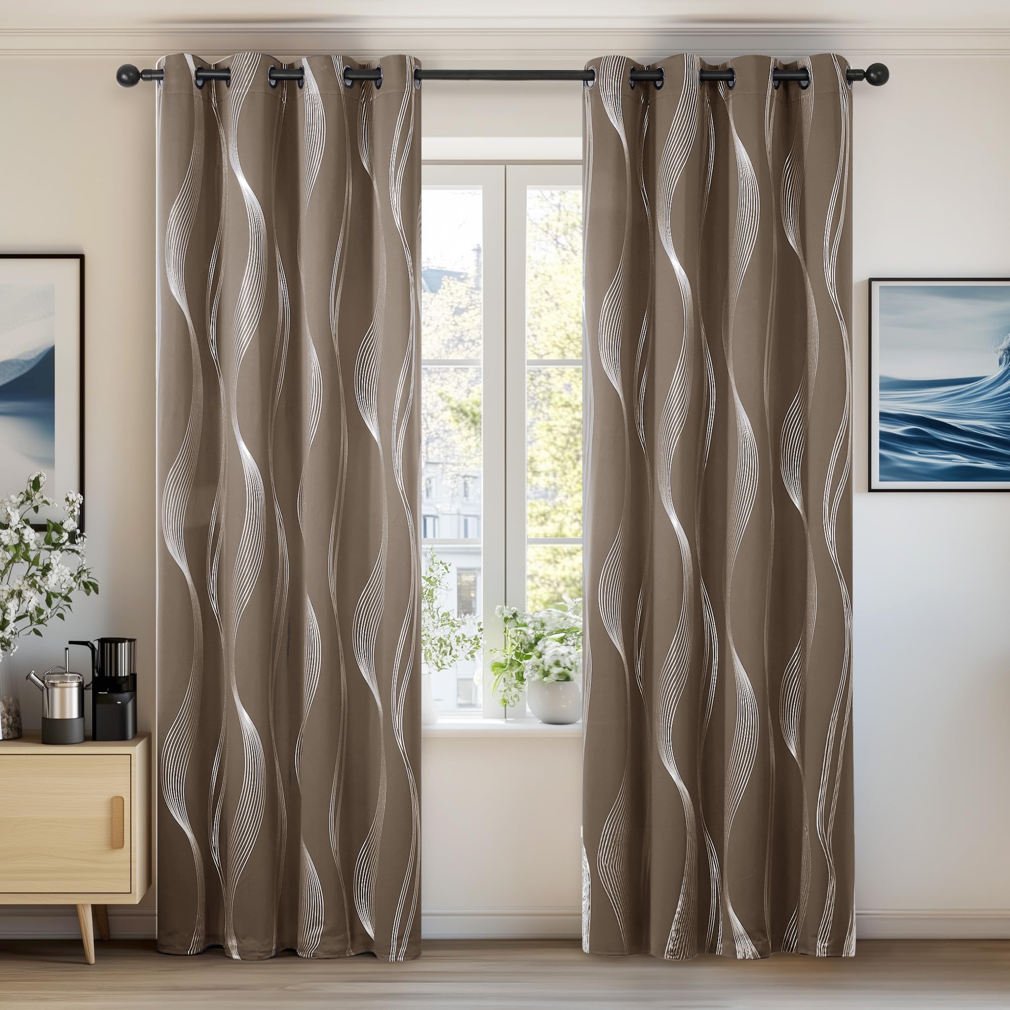 Deconovo Grey Curtains 46 x 54 Inch Foil Printed Wave Line Room Darkening Curtains Thermal Insulated Energy Saving Super Soft Eyelet Blackout Curtains for Bedroom Light Grey 2 Panels — view 41