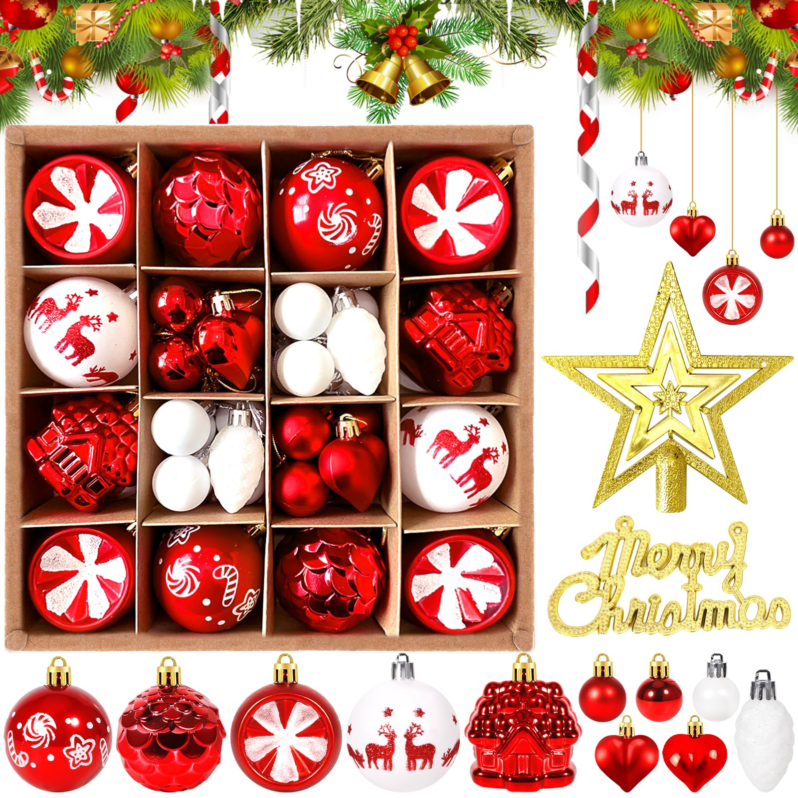 Bolas de Navidad, 42 Piezas Bolas de Navidad de Plastico Adornos Navideños con Estrella Superior del árbol, Regalos de Colgantes de Navidad para Fiestas de Navidad,Decoración Festiva,Regalos