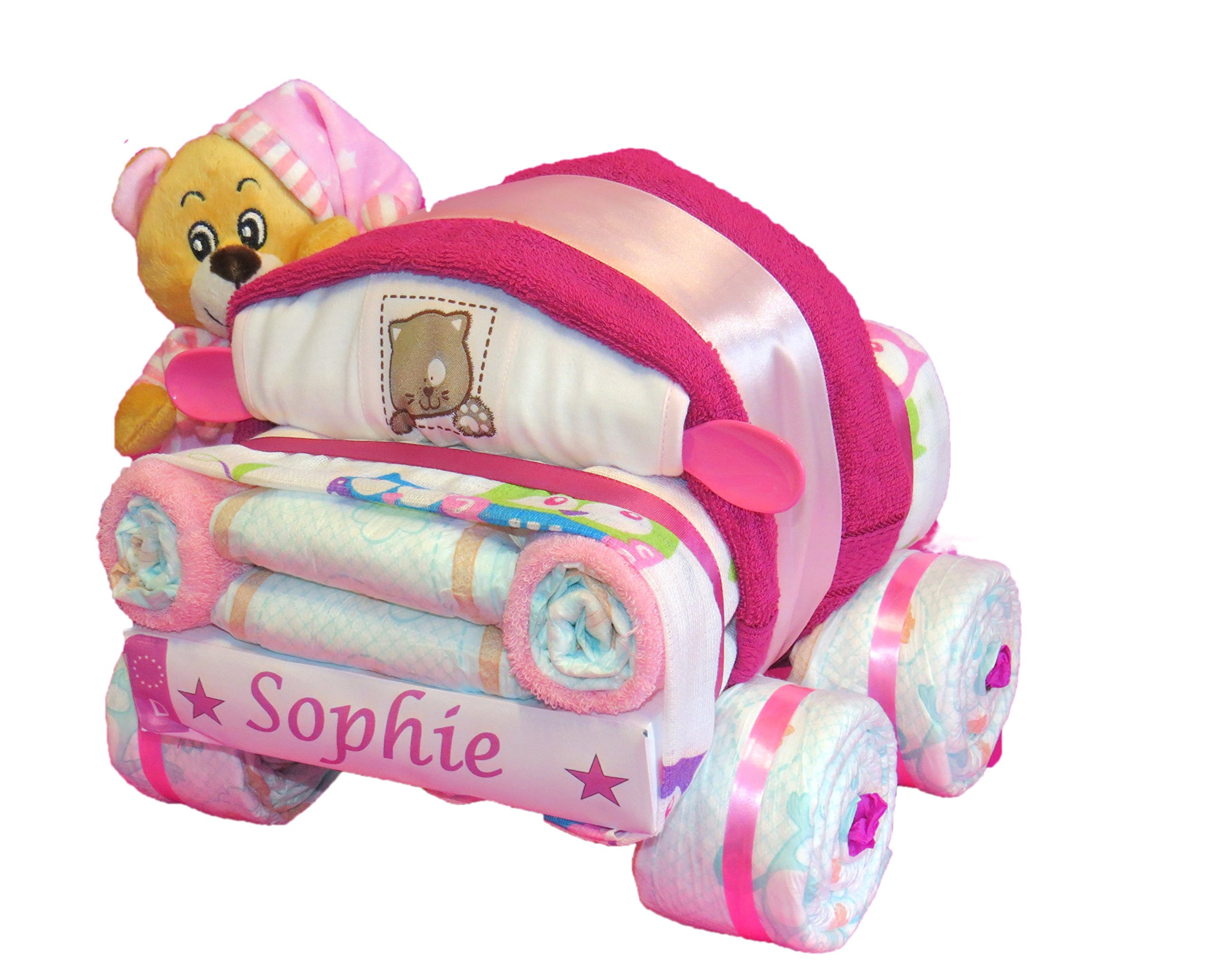 Windeltorte | Kleines Windelauto mit Schlafbär rosa | Windelgeschenk Mädchen