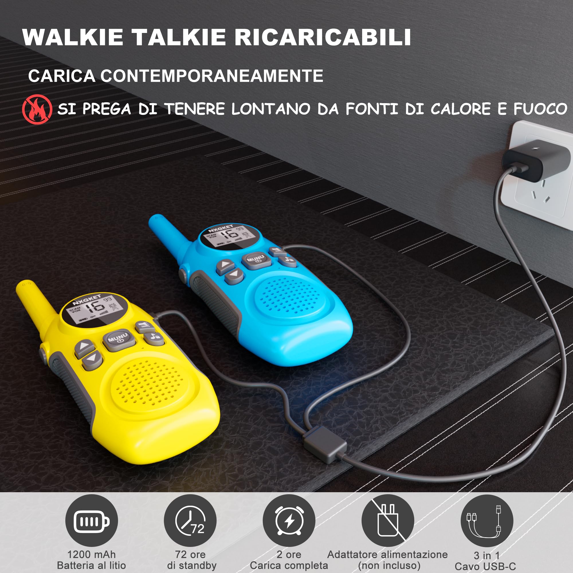 Walkie Talkie Professionali Ricaricabili per Bambini,NXGKET Radioline Woki Toki 16 Canali,Batteria Integrata,Con Torcia per Giochi all'aperto Campeggio Escursionismo,Regali per 3-12 Ragazze 2 pezzi