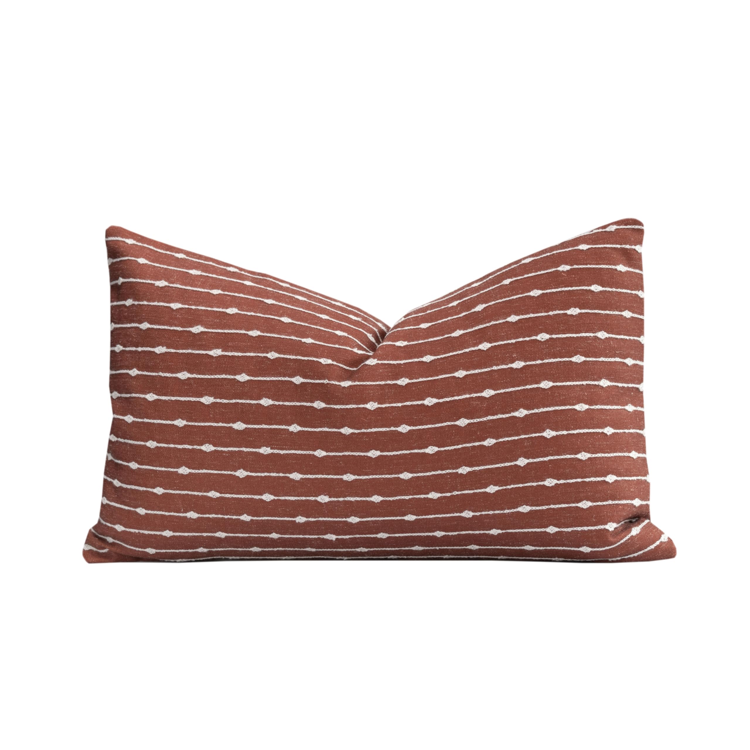 Photo 1 of Crumbs Home Modern Farmhouse Fall Linen Indoor Outdoor Lumbar Pillow Cover Only, 12"x20" Water Repellent for Patio, Backyard, Couch, Rust Neutral Embroidered Stripes
