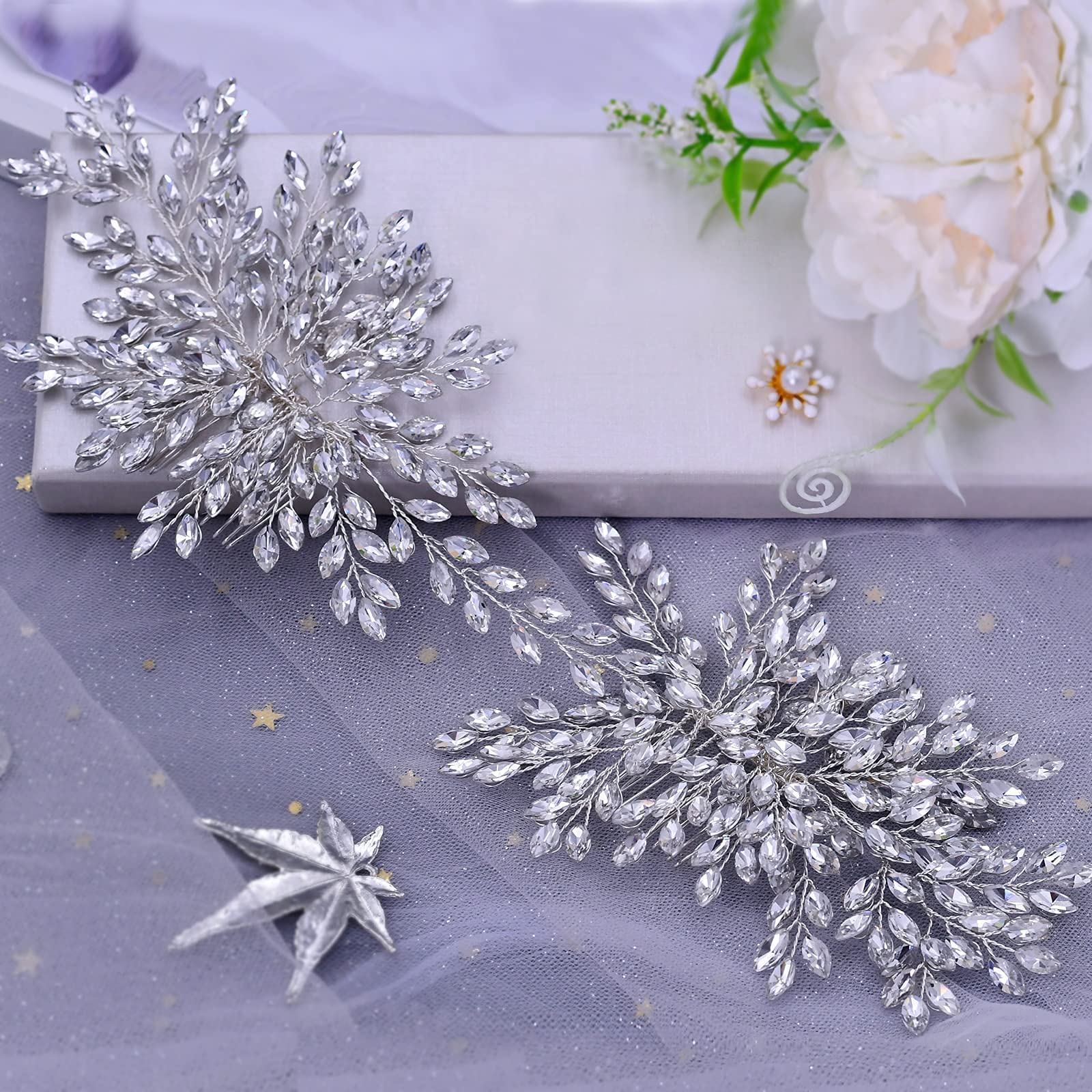 Silver Crystal Bridal Headband Rhinestone Wedding Hair Accessory One Size AMORARSI Rhinestone Leaf Wedding Hair Piece - Crystal Hair  main image 3
