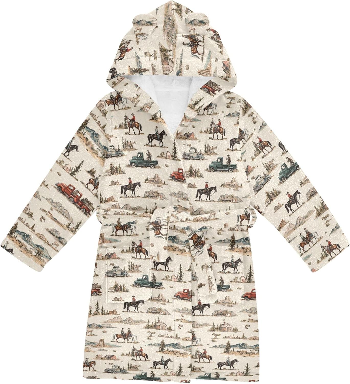 Vintage Western Cowboys Horses and Truck Bathrobe Hooded PJ Robe Soft Fleece Robe Sleepwear 2-12 Years