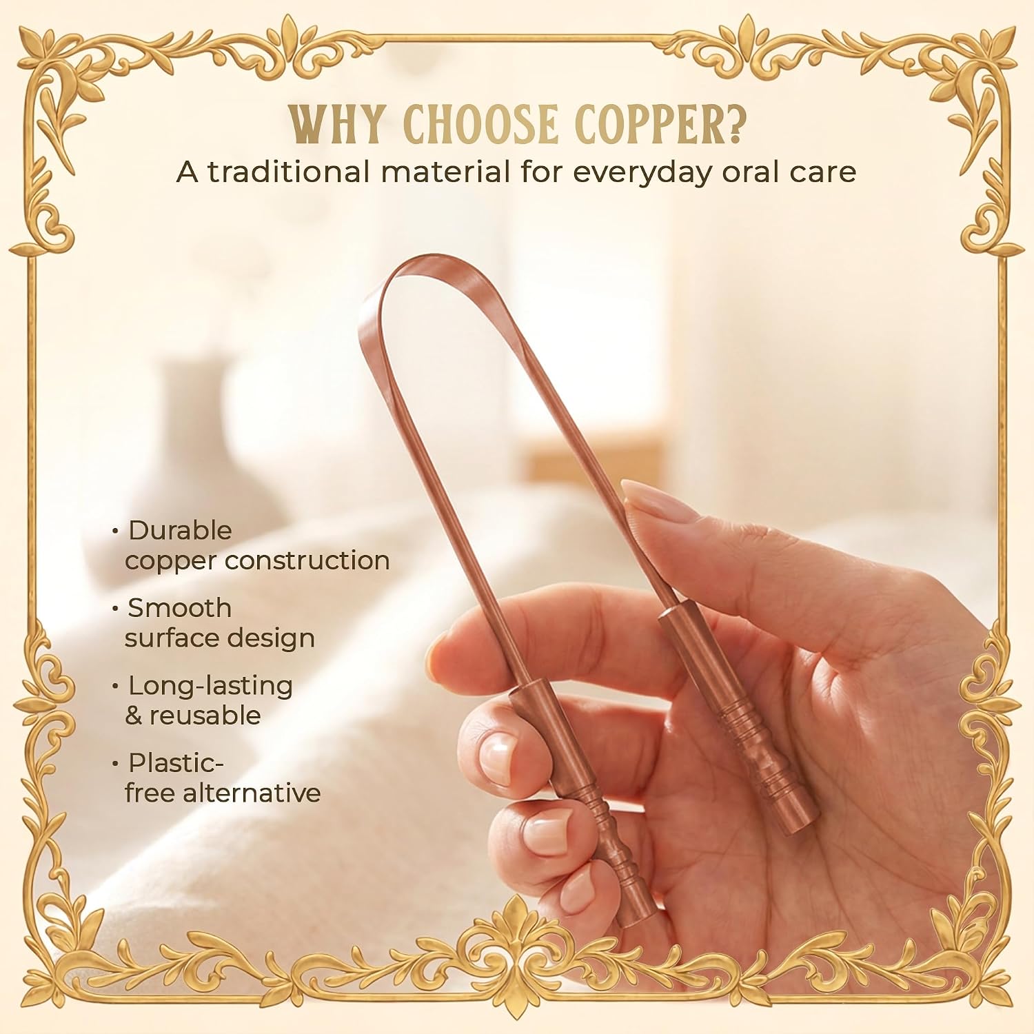 MasterMedi Tongue Scraper with Case Easy to Use Tongue Scraper for Adults, Tongue Cleaner for Oral Care & Hygiene Copper Set of 2 (with Travel Case)