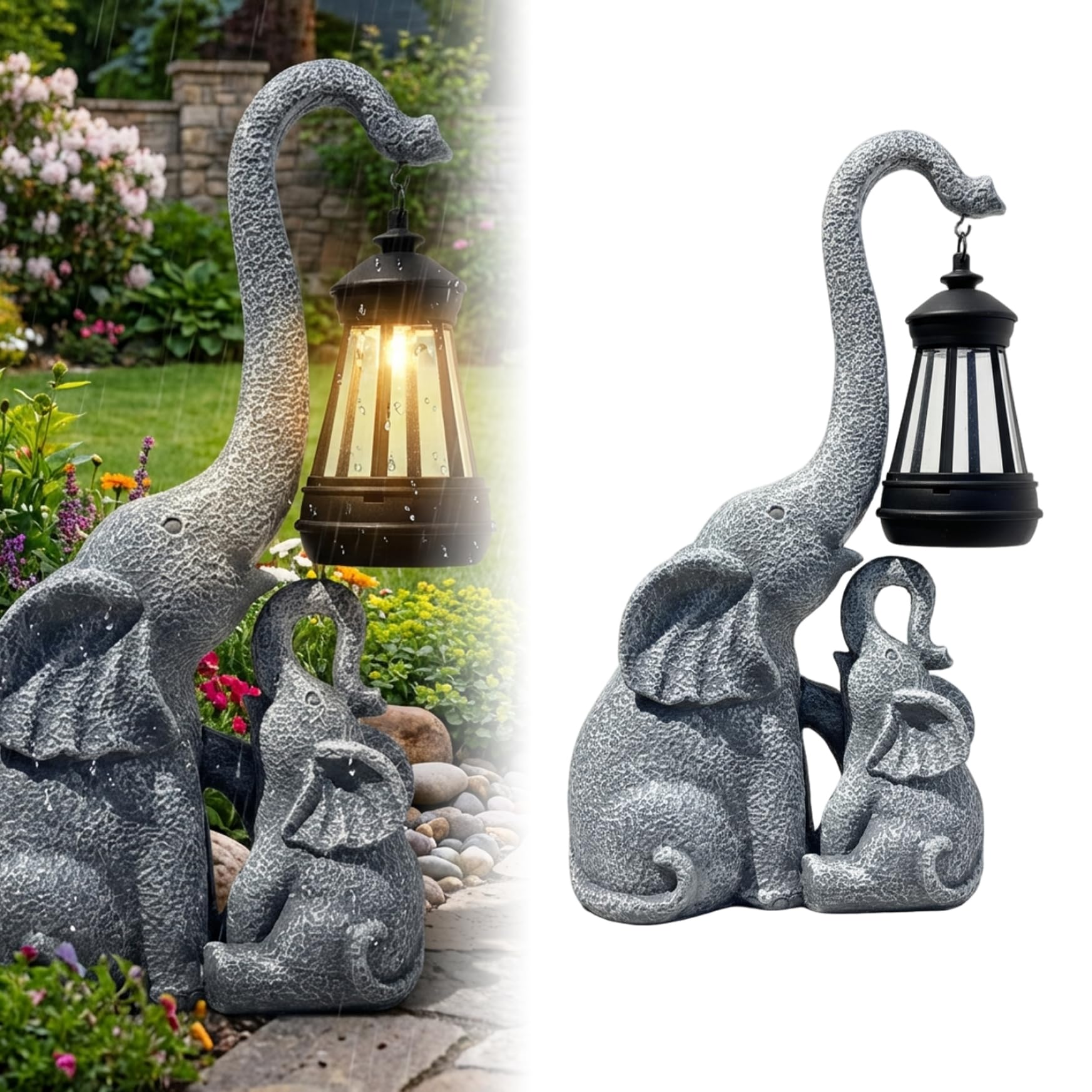 Statue d'éléphant de jardin avec lumière solaire déco extérieure résine étanche