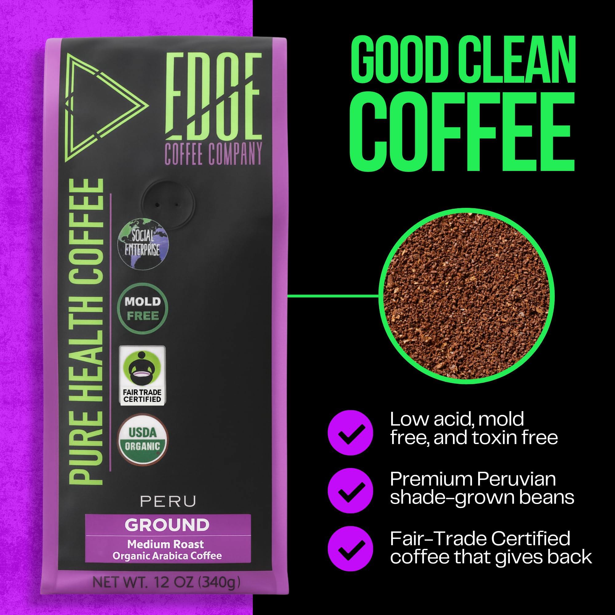 Schimmelfreier reiner Gesundheitskaffee – Bio-Kaffee, Fair-Trade, Spezialqualität, säurearm, sauberer Kaffee, 340 ml (gemahlen)
