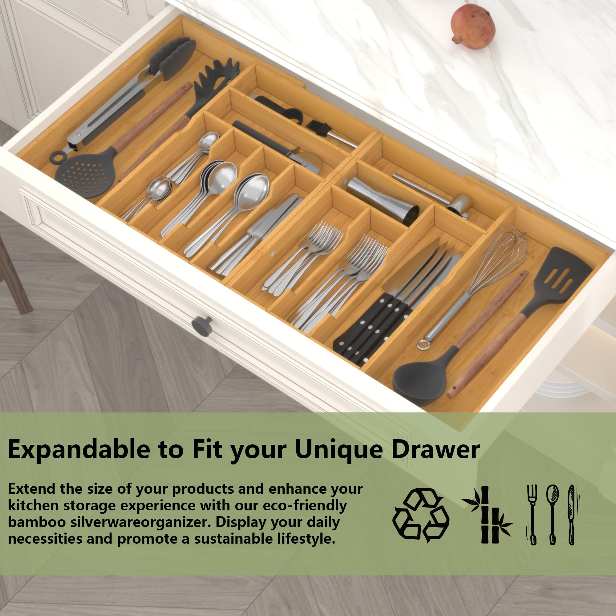 Suli Grand Range Couverts Extensible de 53,3 jusqu'à 91,4cm de Large | Range-Ustensiles de Cuisine Ajustable, Rangement pour Cuillères, Fourchettes et Couteaux,Organisateur en Bambou pour Couverts