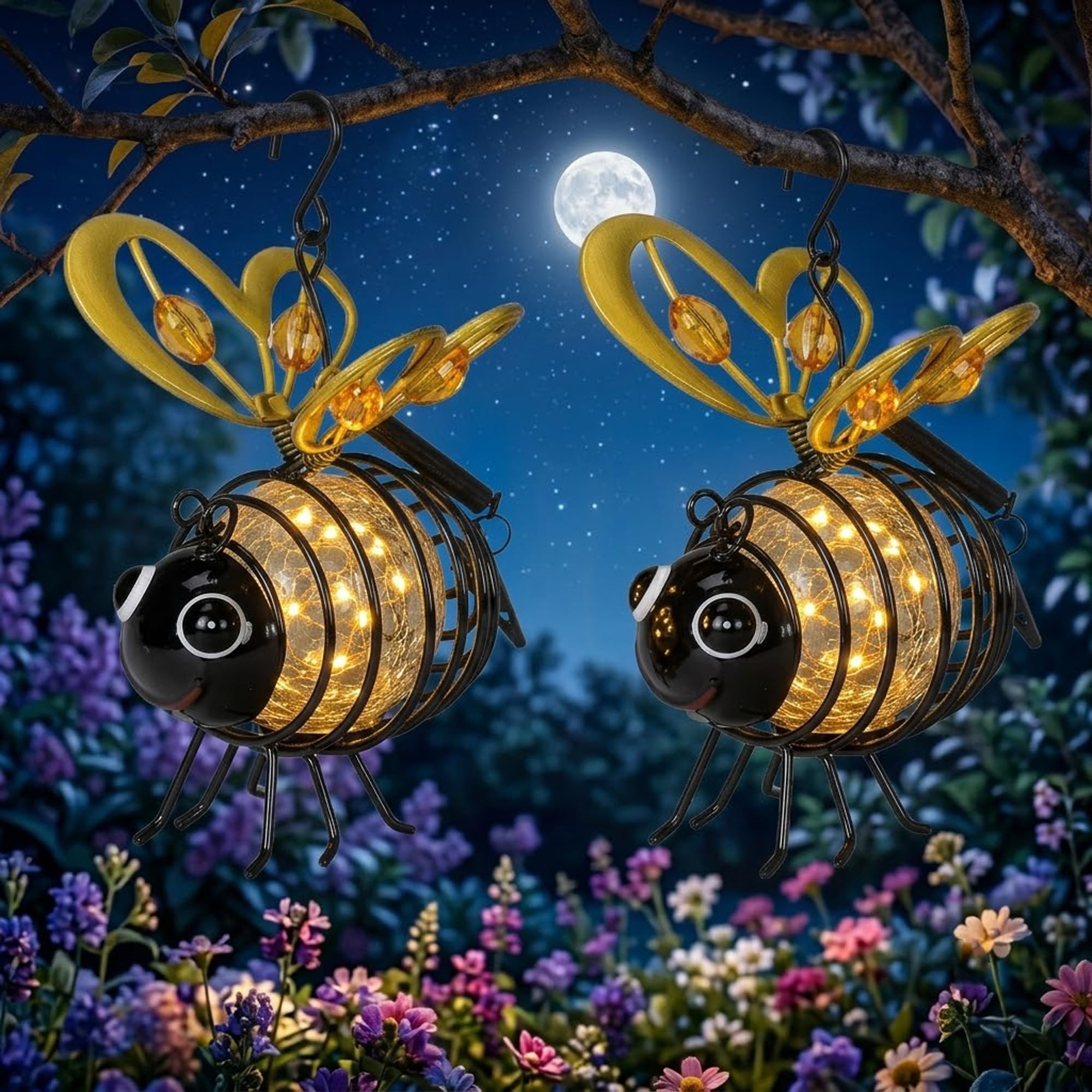 Solar Bee Lights Outdoor Garden,Solar-Powered Hanging Bee Light ，2PCS