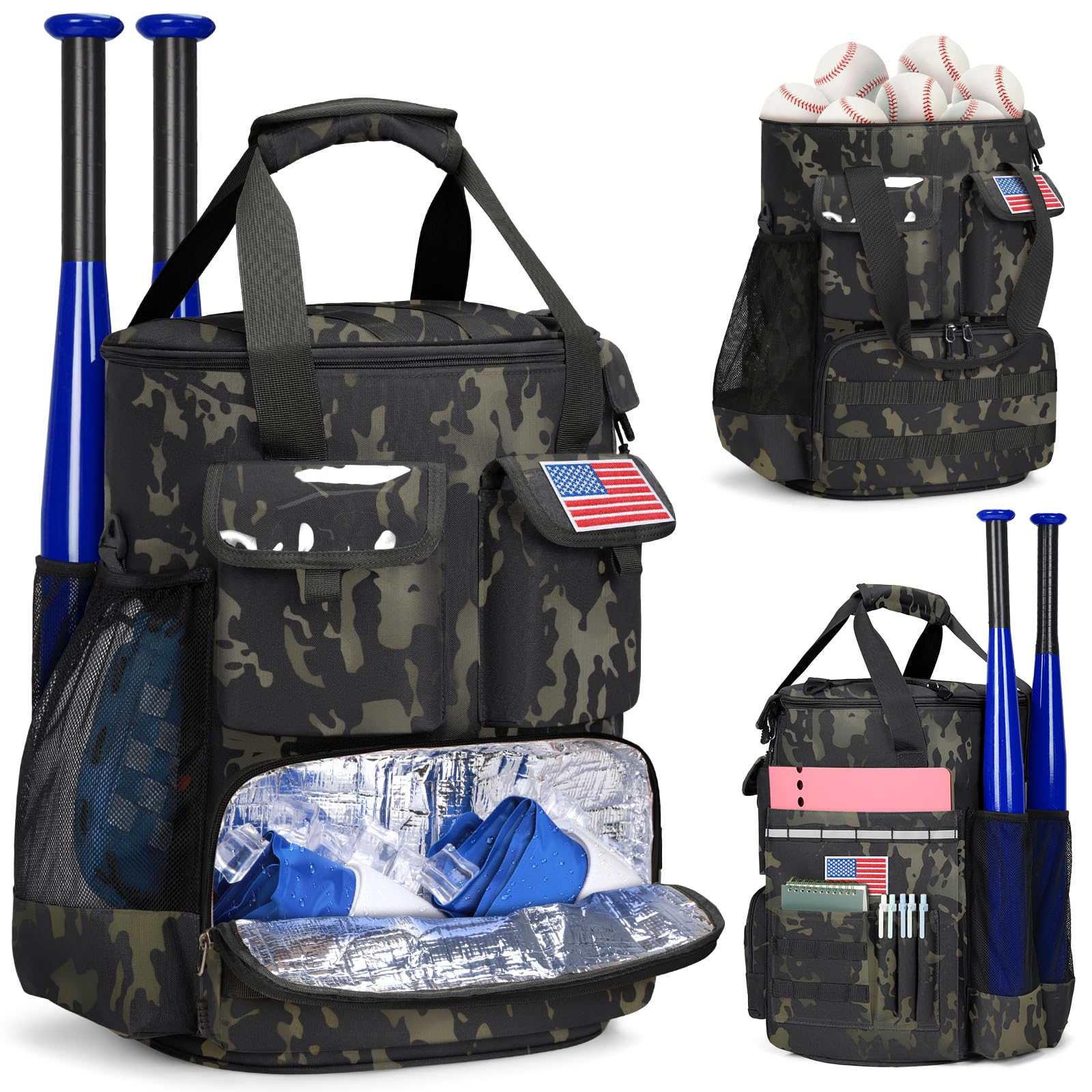 RAINSMORE Baseball Bucket Bag Baseball Coaches Accessories Organizer with Insulation Pocket Tactical Softball Bag with Anti-Slip Bottom, Multiple