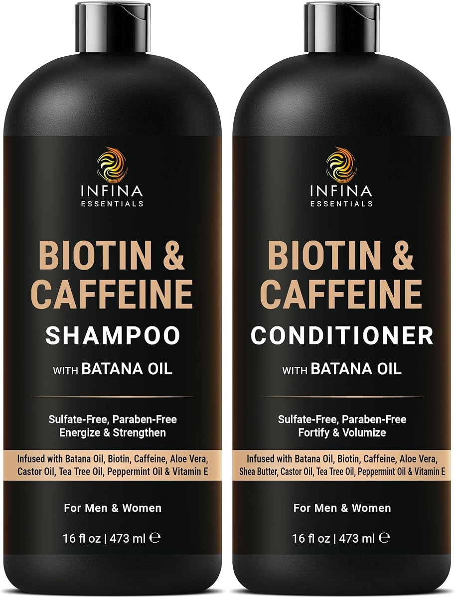 Biotin Caffeine Shampoo and Conditioner Set for Hair Thickness, 16 fl oz | Batana Oil & Black Seed - Strengthening & Thickening Formula for Hair Growth and Thickness - INFINA ESSENTIALS