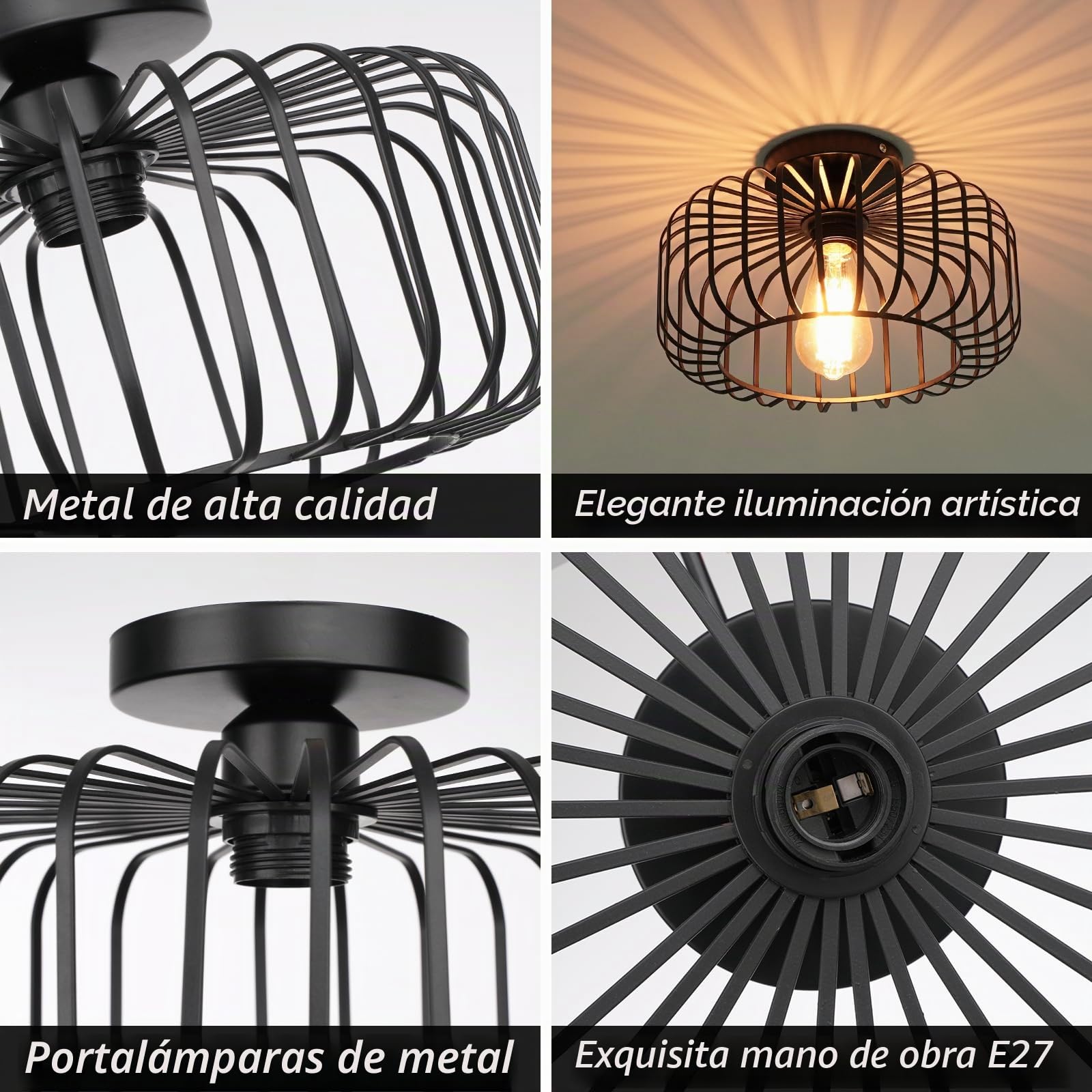 FRIDEKO HOME Lámpara de techo negra moderna de metal, casquillo E27