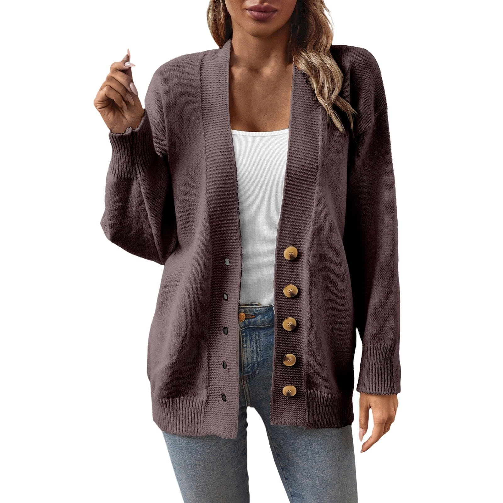 Strickjacke Damen Mit Knöpfen Leichte Jacke Langarm Übergangsjacke | Strickjacken Einfarbig Herbstjacke Damen Leicht Cardigan Casual Strickmantel Frauen V Ausschnitt Damenstrickjacke Knöpfe