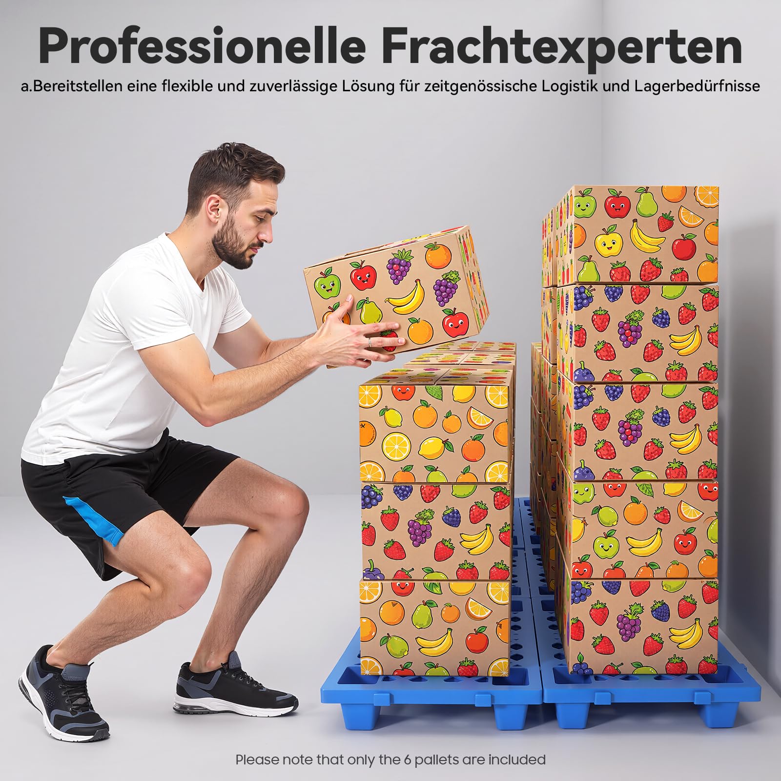 Juego de 6 paletas de plástico, 60 x 40 x 10 cm, paleta ligera con conexión | Capacidad de carga de 100 kg por palé, apilable y bloqueable, superficie antideslizante, pies para mayor estabilidad