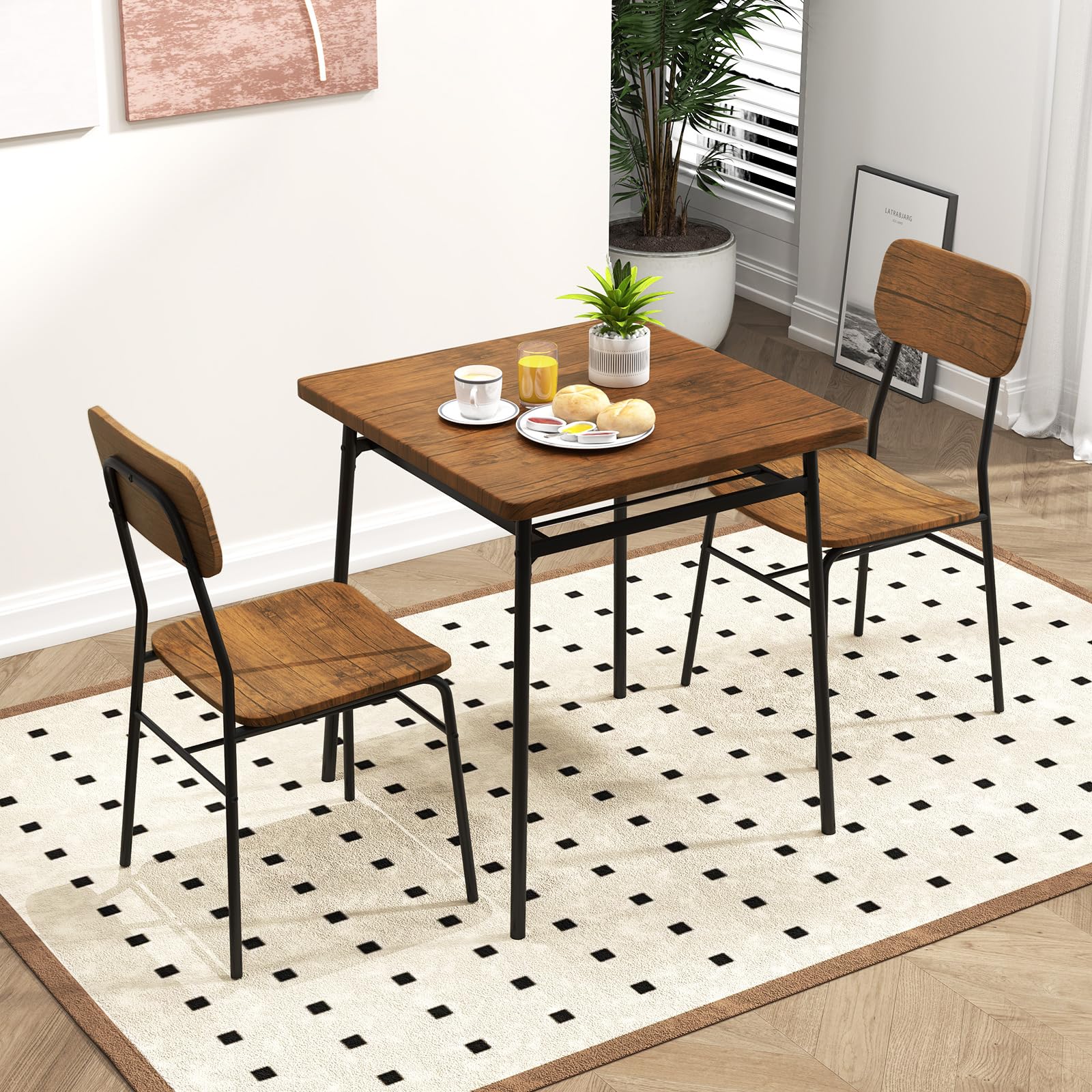 COSTWAY Set Mobili da Bar Tavolo e 2 Sedie, Tavolino Quadrato con Scaffale di Stoccaggio, Tavolo Birreria con 2 Seide per Balcone, Sala da Pranzo, Cucina e Ristorante (Marrone)