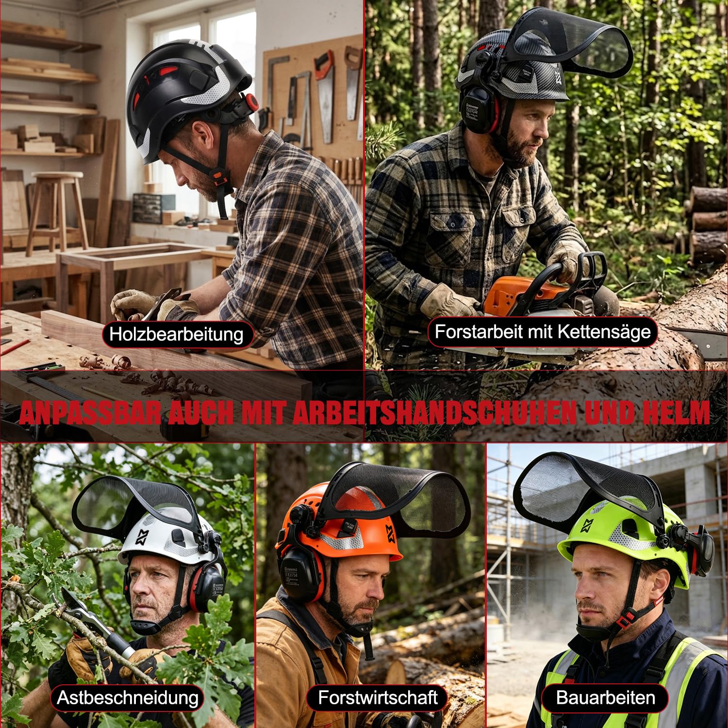 HEARMOR VOLTEK 5-in-1 Forsthelm Schutzhelm-Set mit Helme, Ohrenschutz, Visier, Schweißmütze und Tragetasche, stoßfest und komfortabel belüftet, ABS-Helm für Forstarbeiter, Gärtner und Holzfäller
