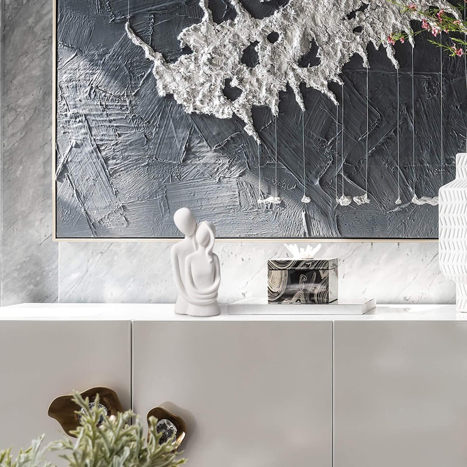 Modern Dekofigur Unity Silber - 30cm Liebespaar Skulptur Wohnzimmer