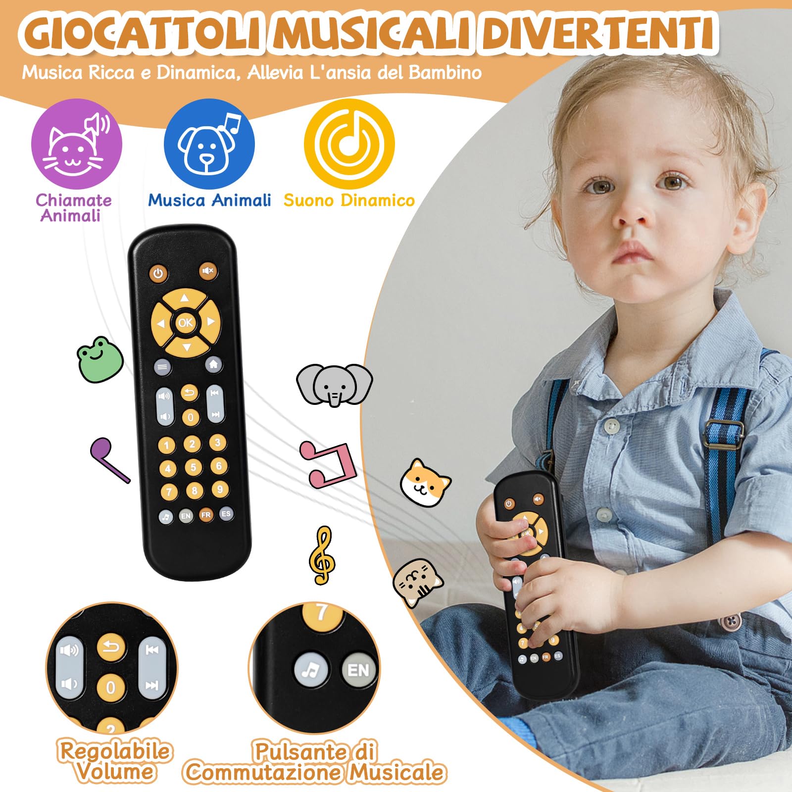 Orzbow Telecomando Bambini Giocattolo, Volume Regolabile Giochi Educativi per Bambini, Gioco Sensoriale per Bambini con Bottoni a Forma Multipla, Ragazzi Ragazze Giocattoli Musicali Regalo per 1 Anni